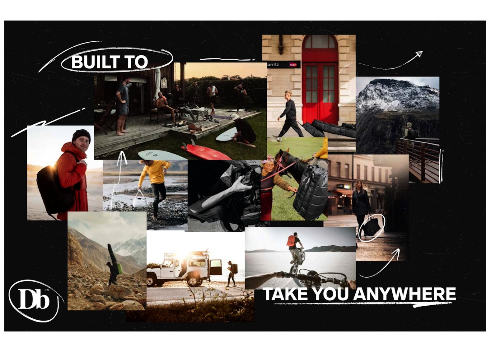 Collage of images showing people traveling, outdoors, and adventure activities with the text 'Built to Take You Anywhere'.