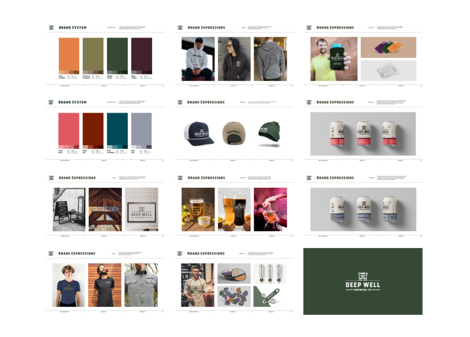 Brand style guide page with color palettes, product images including hats, cans, and apparel, and a logo for Deep Well Brewing Co.