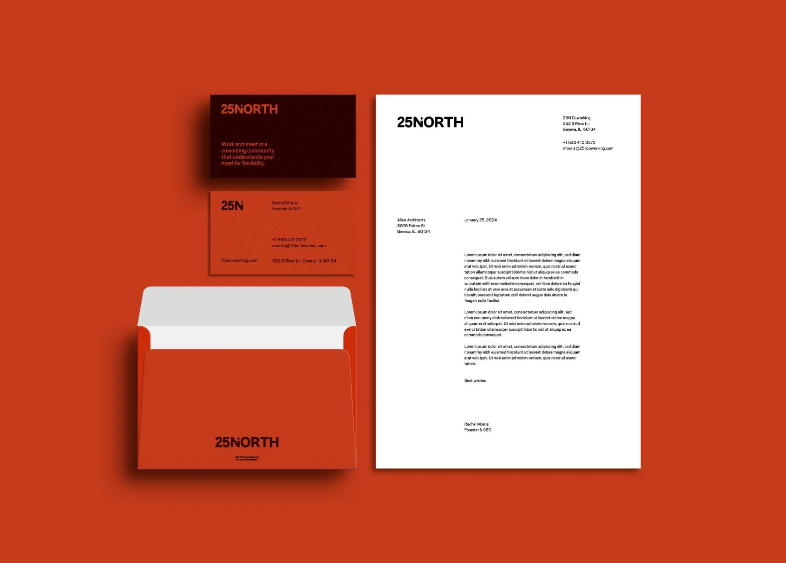 A set of branding materials for 25 North coworking space, including business cards, a letterhead, and an envelope, all featuring a red, black, orange, and white color scheme with the company logo and contact information, displayed on a red background.