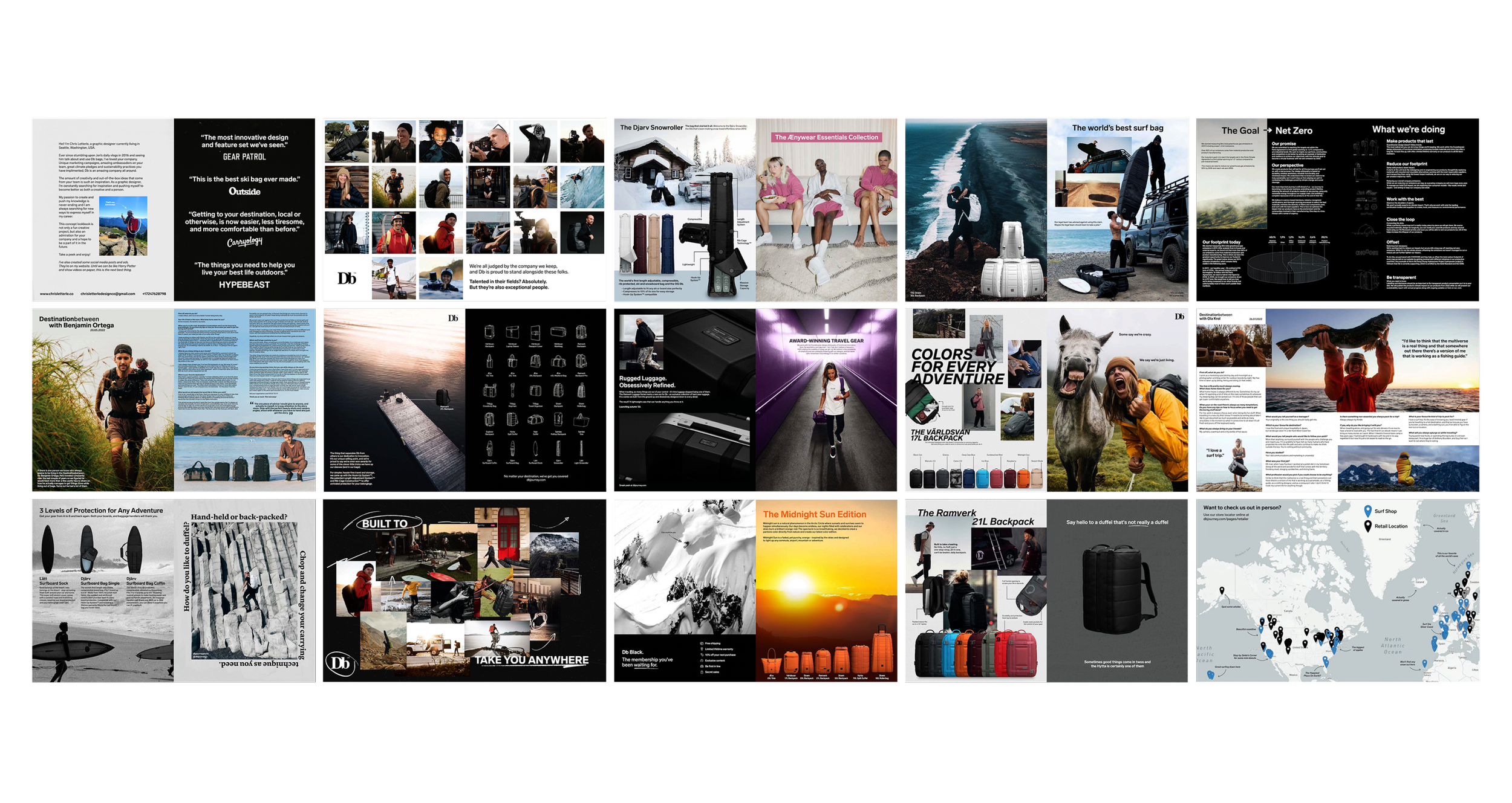 Collage of various outdoor adventure and travel gear, clothing, and activities, including backpacks, luggage, surfing, hiking, snowboarding, and camping images with product descriptions and promotional content.