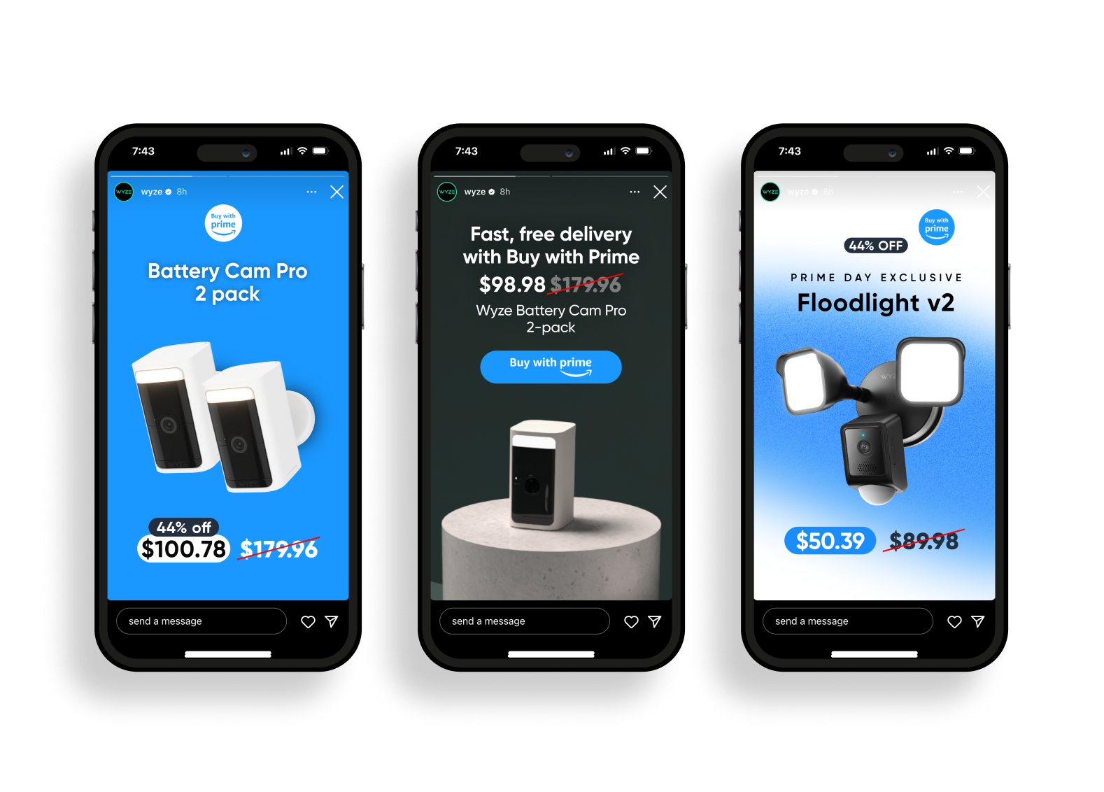 Three smartphones displaying Amazon product advertisements for Wyze security and lighting devices, including a 2-pack battery camera, a camera pro, and floodlights, with discounted prices.