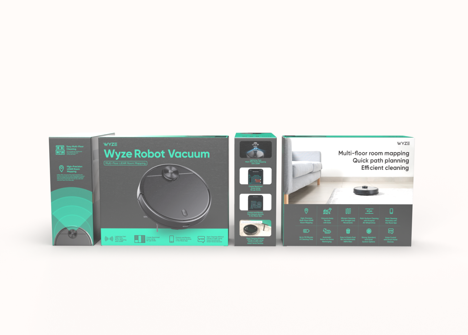Packaging box for WYZE Robot Vacuum, showing images and features of the robot vacuum for multi-floor room mapping, quick path planning, and efficient cleaning.