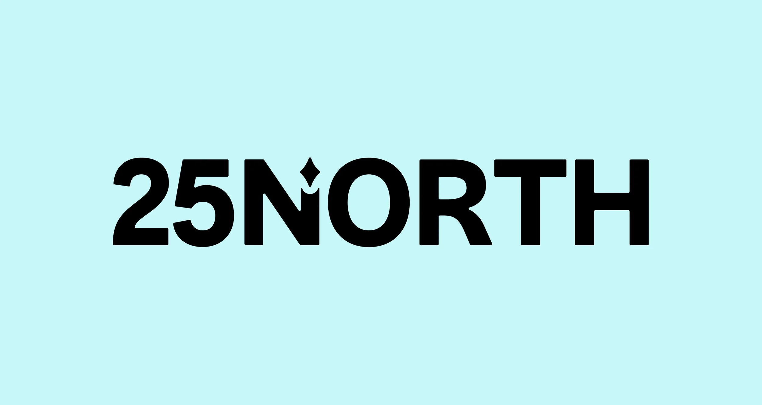 Map with black text saying '25 NORTH' on a light blue background.