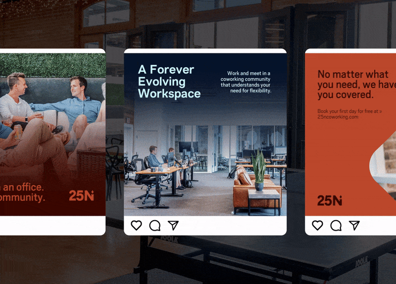 Social media post promoting a coworking space with people working at desks and a spacious, modern interior.