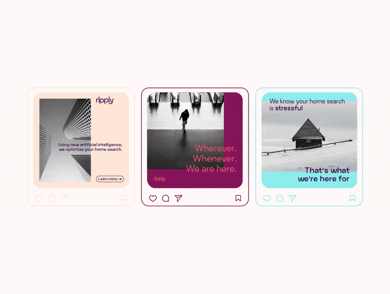 Three social media posts featuring abstract designs, a person walking in a parking lot, and a house on stilts with the text about home search and location.