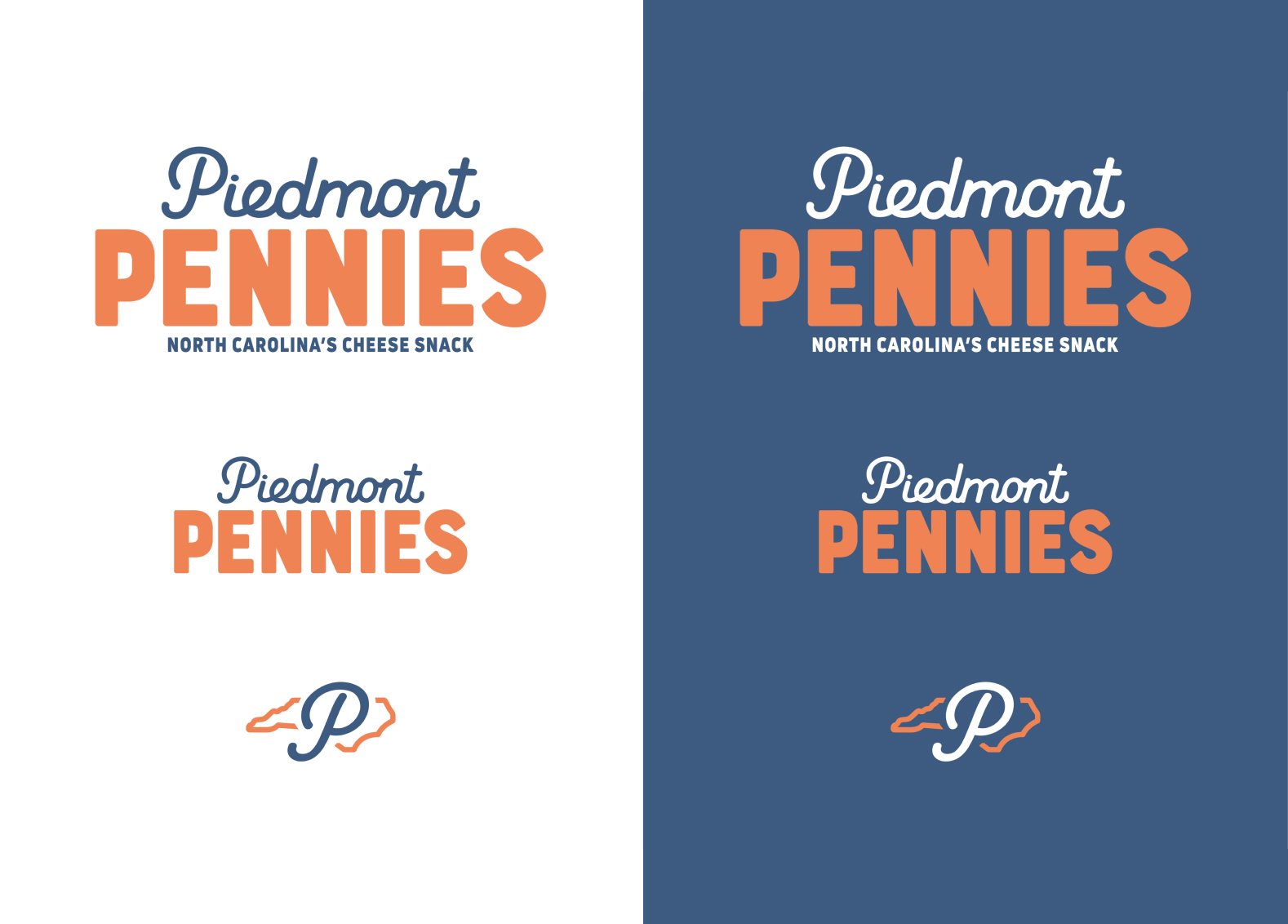The image features two designs of a logo for Piedmont Pennies, a North Carolina cheese snack. One design has a white background, and the other has a dark blue background. The logo includes the text 'Piedmont Pennies' in a script font, with 'Pennies' emphasized in large, bold, orange letters. Below, it says 'North Carolina's Cheese Snack' in smaller, blue text. At the bottom of each design, there is a stylized outline of the state of North Carolina with a 'P' inside it.