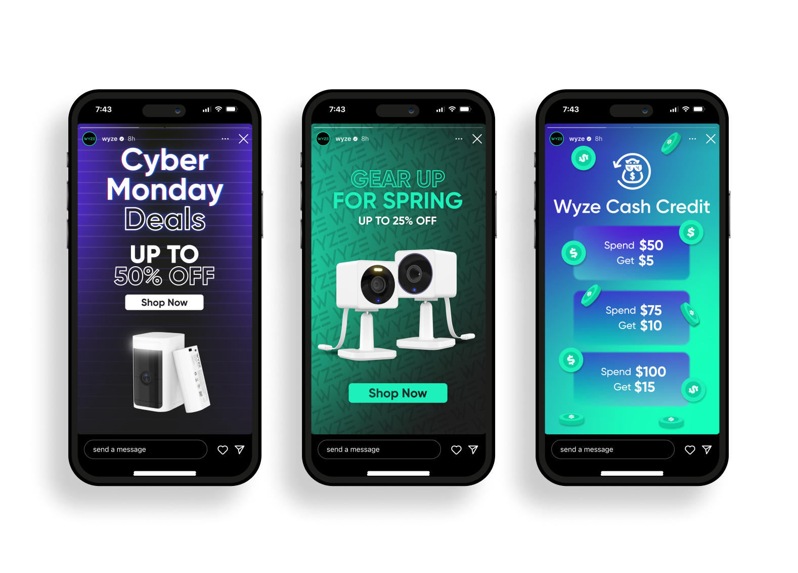 Three smartphone screens displaying Wyze promotional graphics: the first for Cyber Monday deals with up to 50% off, the second featuring gear-up spring discounts on speakers with up to 25% off, and the third showing Wyze Cash Credit offers for various spending levels.