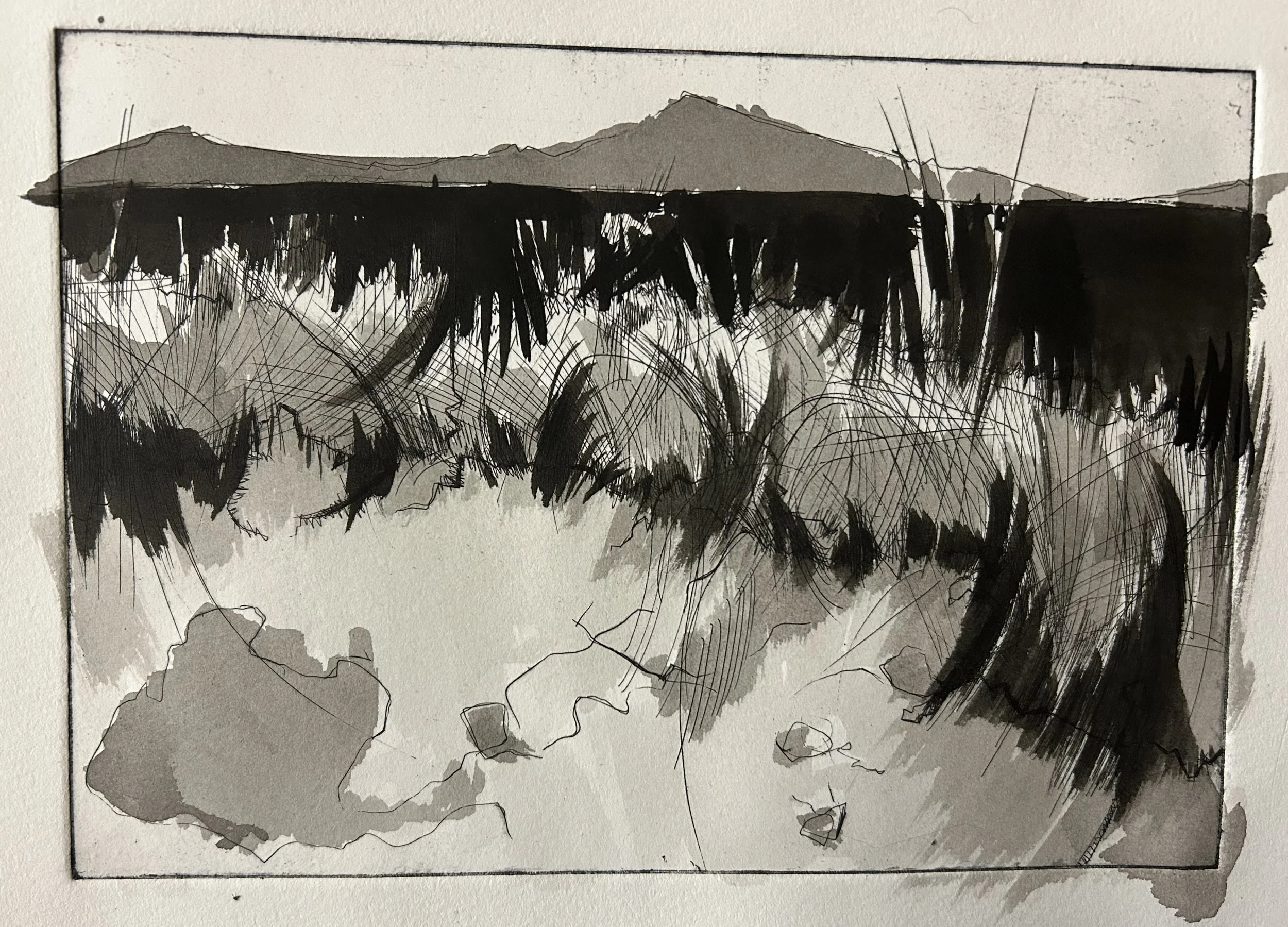 Porthilly cove study (etch - ink wash)