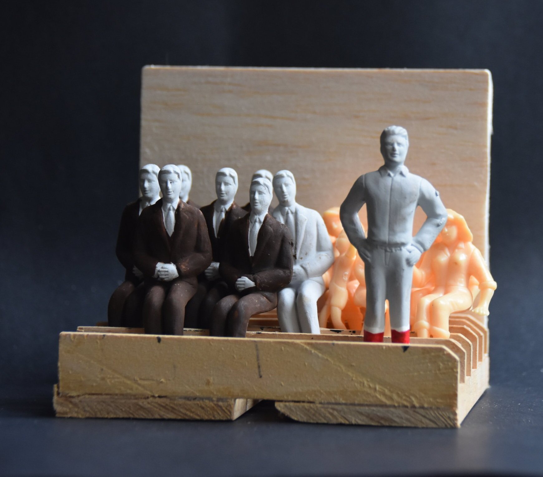 Try to stand out/ try to hide No. 6 Being the deluded supervisor, 2019-2020, found objects, balsa, paint approx 140 x 50 x 100mm