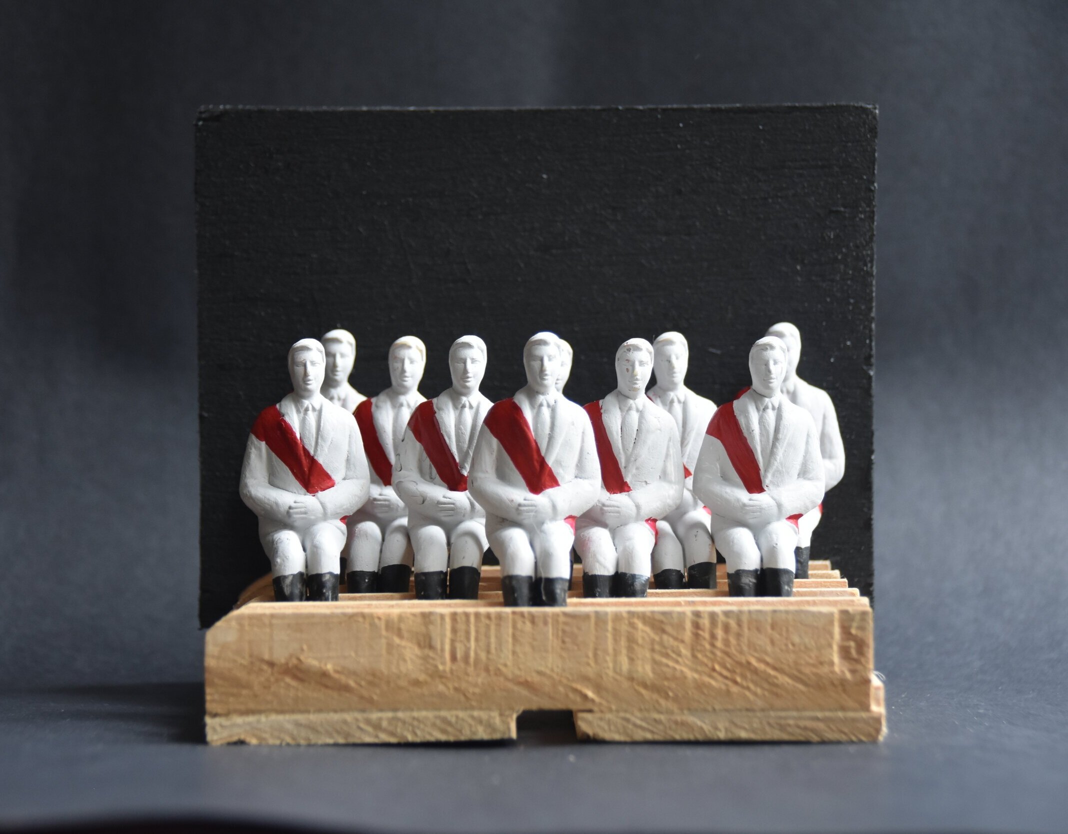Try to stand out/ try to hide No. 1 Being photographed in the dress uniform of the overseers, 2019-2020, found objects, balsa, paint approx 140 x 50 x 100mm