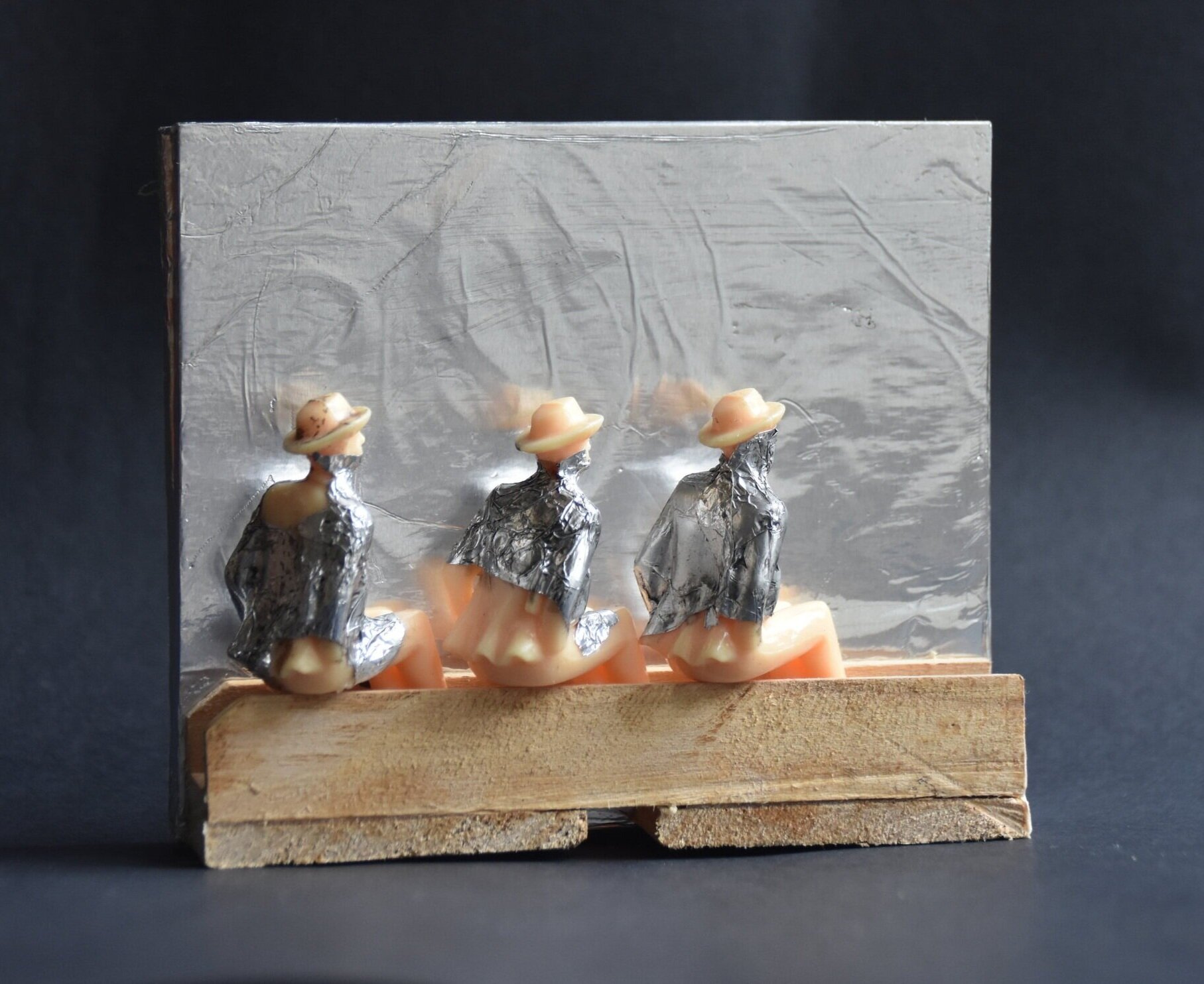 Try to stand out/ try to hide No. 2 Being held in aluminium straightjackets, 2019-2020, found objects, balsa, paint approx 140 x 50 x 100mm