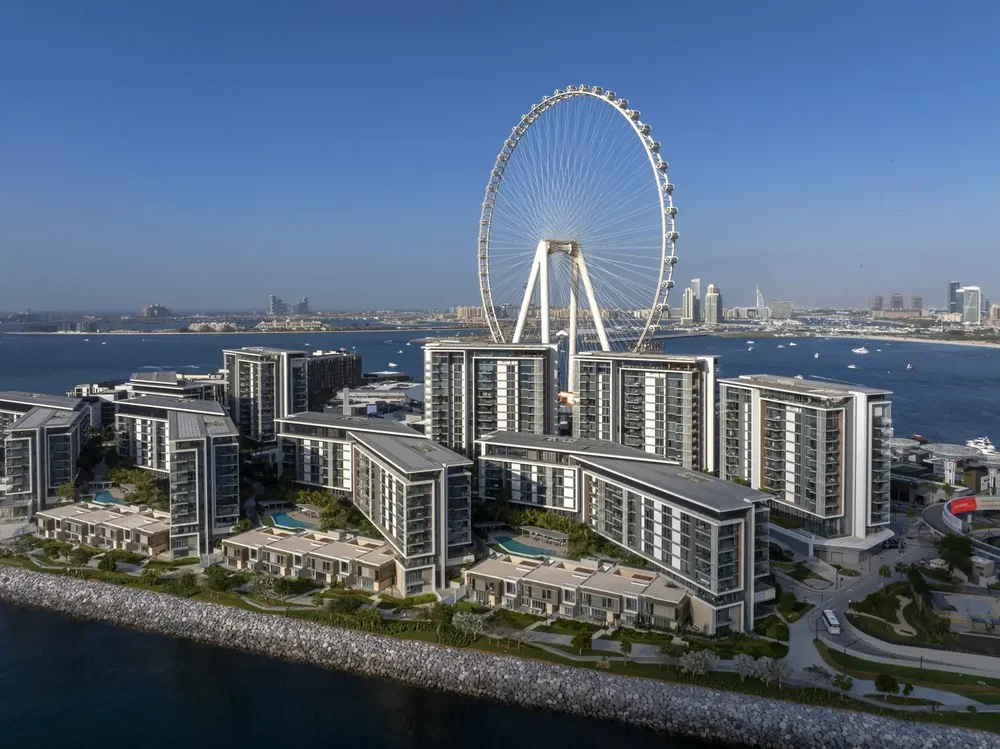 Aerial view of Bluewaters Island and the Ain Dubai observation wheel during the day