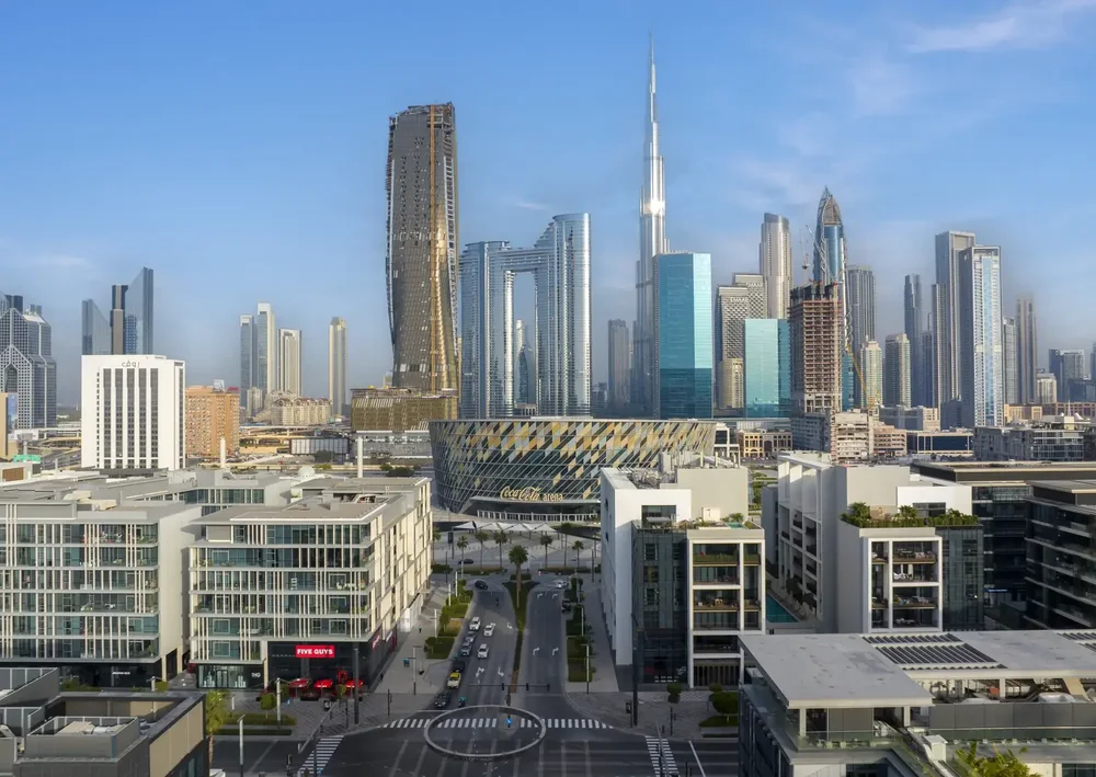 Aerial view of the Dubai skyline with the Burj Khalifa, seen from above City Walk