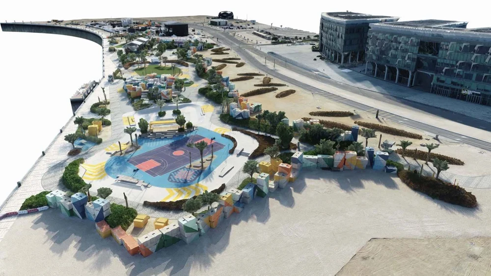 Photogrammetry 3D model of a waterfront park with a basketball court and landscaping