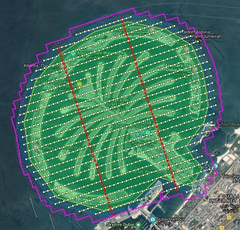 Flight plan grid drawn over the Palm Jumeirah in Dubai for a photogrammetry survey