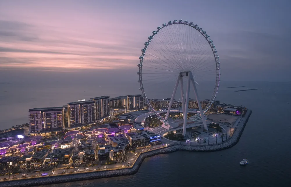 Aerial view of Bluewaters Island and Ain Dubai at sunset