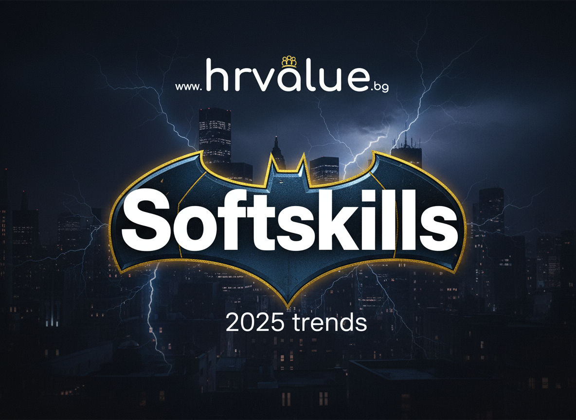 A dark city skyline with lightning in the sky, a Batman logo with the word "Softskills" inside it, and text reading "2025 trends" at the bottom, with the website "hrvalue.bg" at the top.