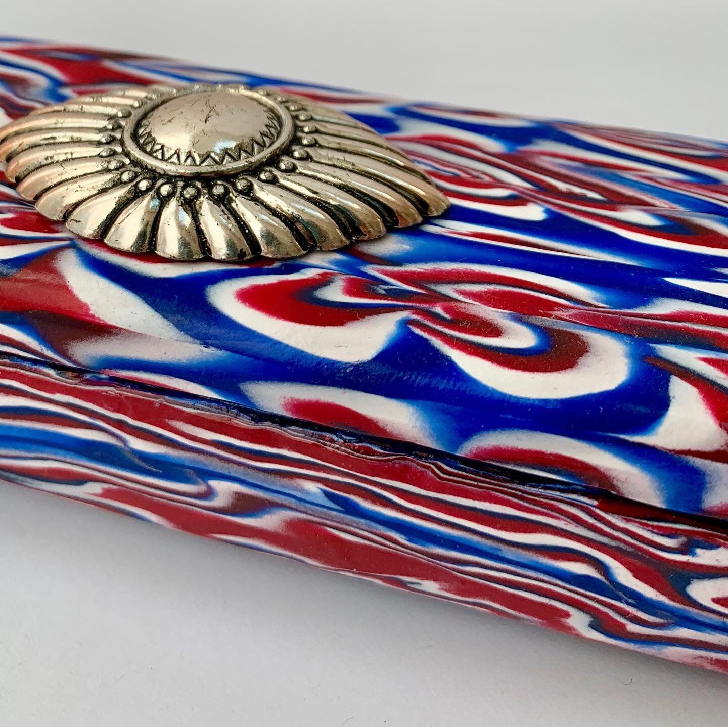 More fun with polymer on a wood box, vintage metal. #polymerclay #sculpeyclay #vote #redwhiteandblue