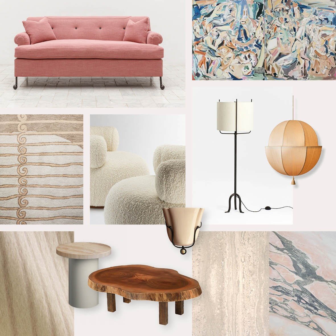 A collage of interior decor items, including a pink sofa, abstract paintings, a beige patterned rug, cream textured seating, floor and wall lamps, wooden tables, and various neutral-toned wall and floor coverings.