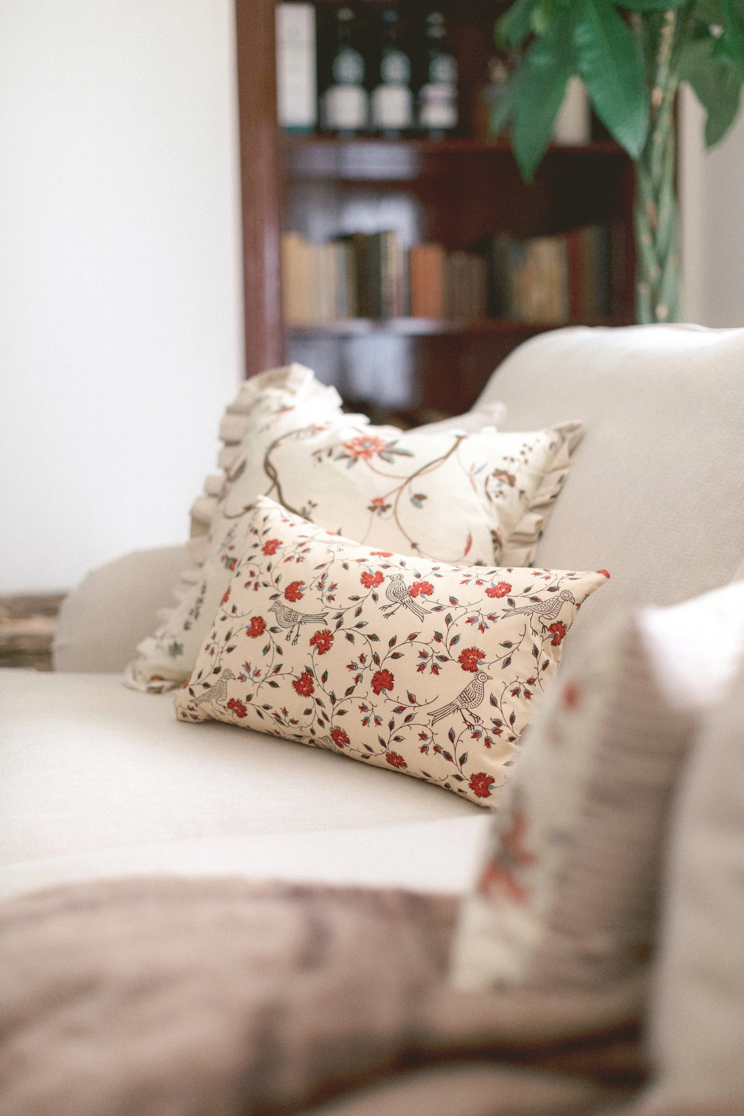Close-up of decorative pillows with floral and bird patterns on a white sofa, in a cozy living room with bookshelf and green plant in the background.
