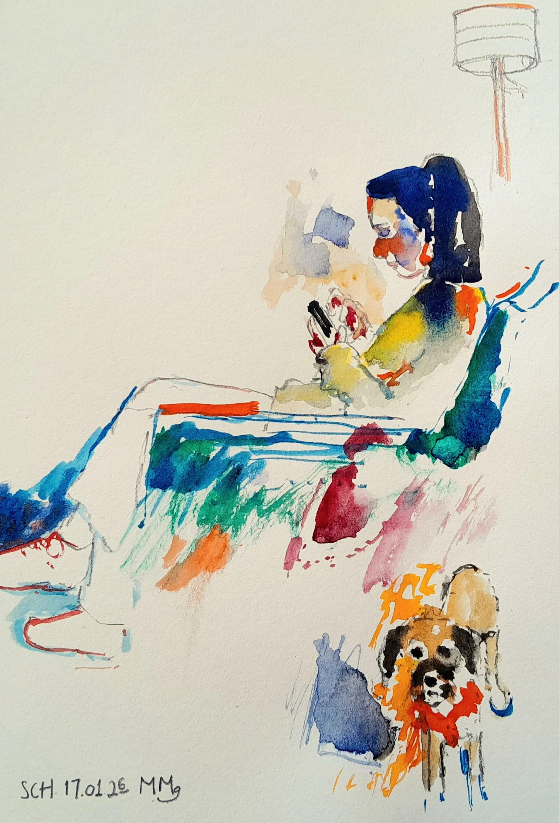 A watercolor painting of a girl with dark hair  sitting in a chair, looking at her phone. A small dog is near her. The painting uses vibrant, loose brushstrokes and includes a faint lamp in the background.