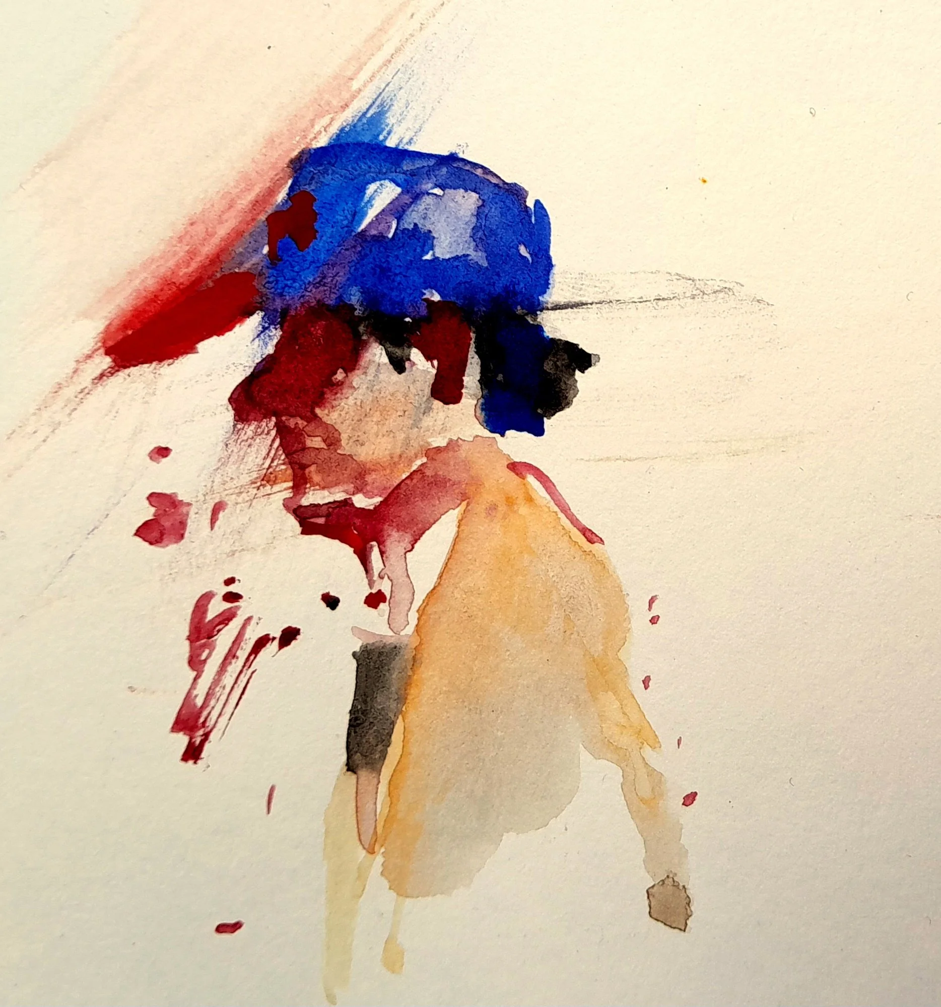 Cool watercolour painting of a man working in a cafe featuring blue, red, yellow, and black hues on 200gsm paper and done in a PITH Sketchbook.