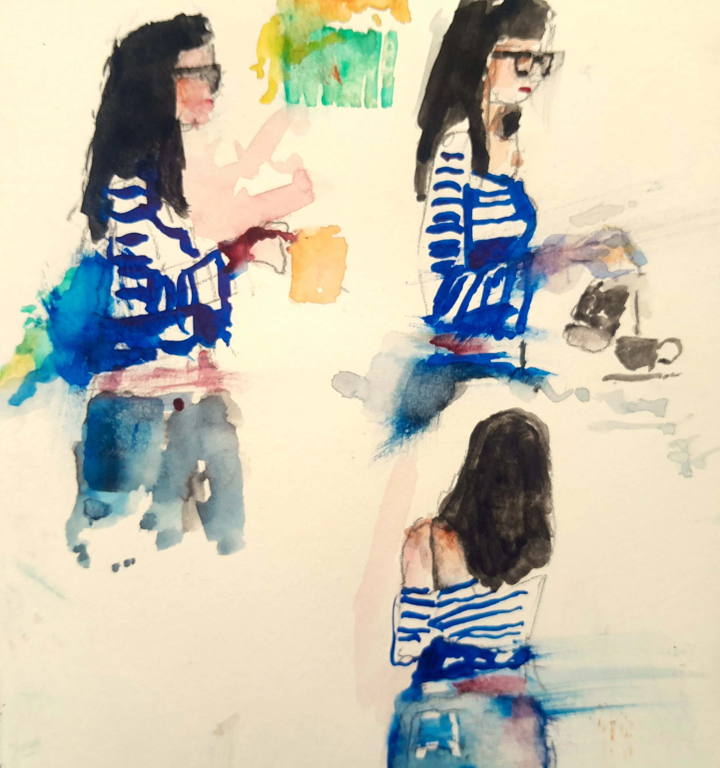 A watercolor painting of two girls with long black hair, wearing navy and white striped shirts. One girl is drinking from a glass, while the other is sitting with a laptop open in front of her. There is a small, colorful, abstract painting on the wal