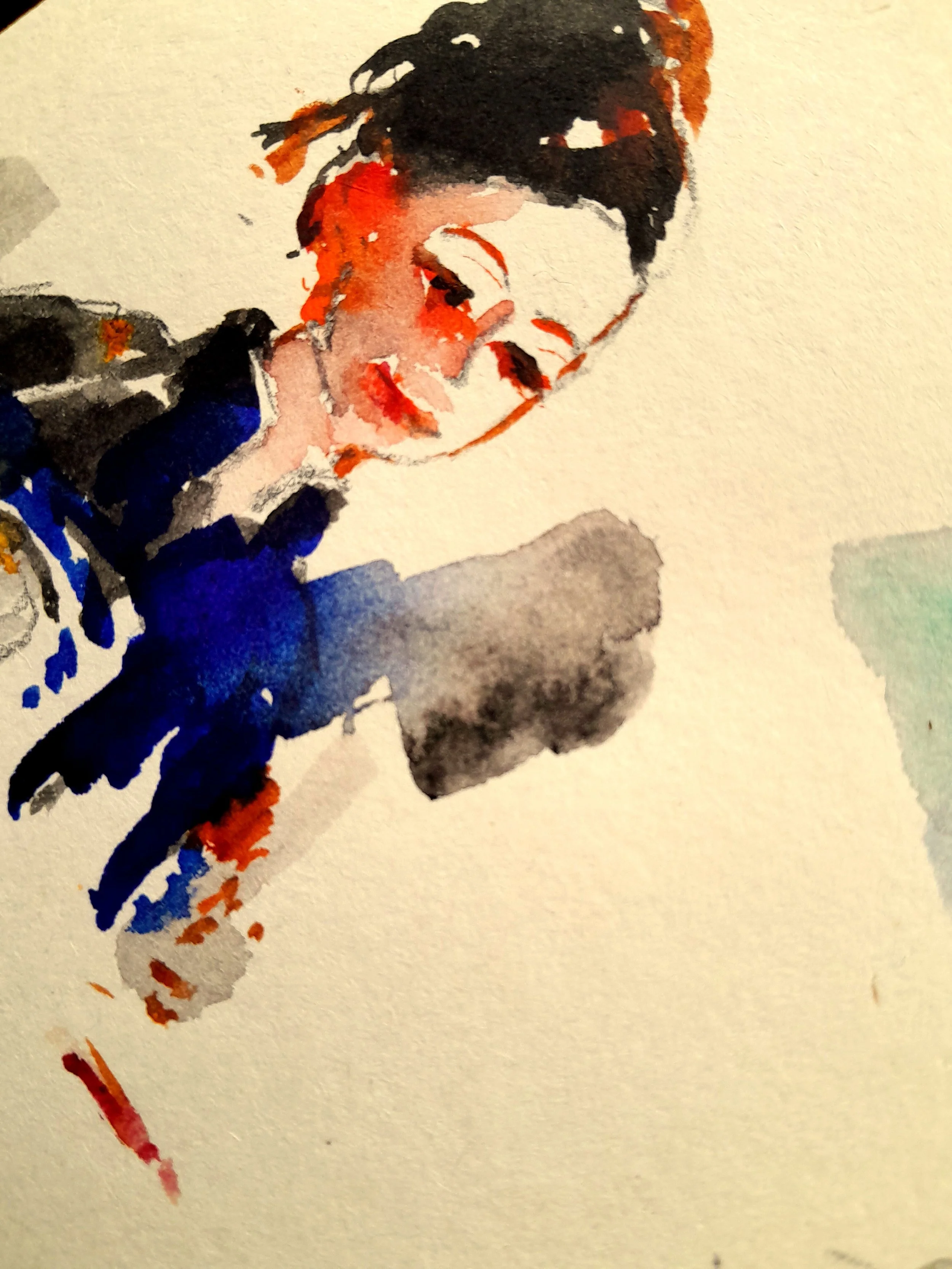 Watercolor painting of a smiling young boy with dark hair, wearing a blue jacket, with a light background.