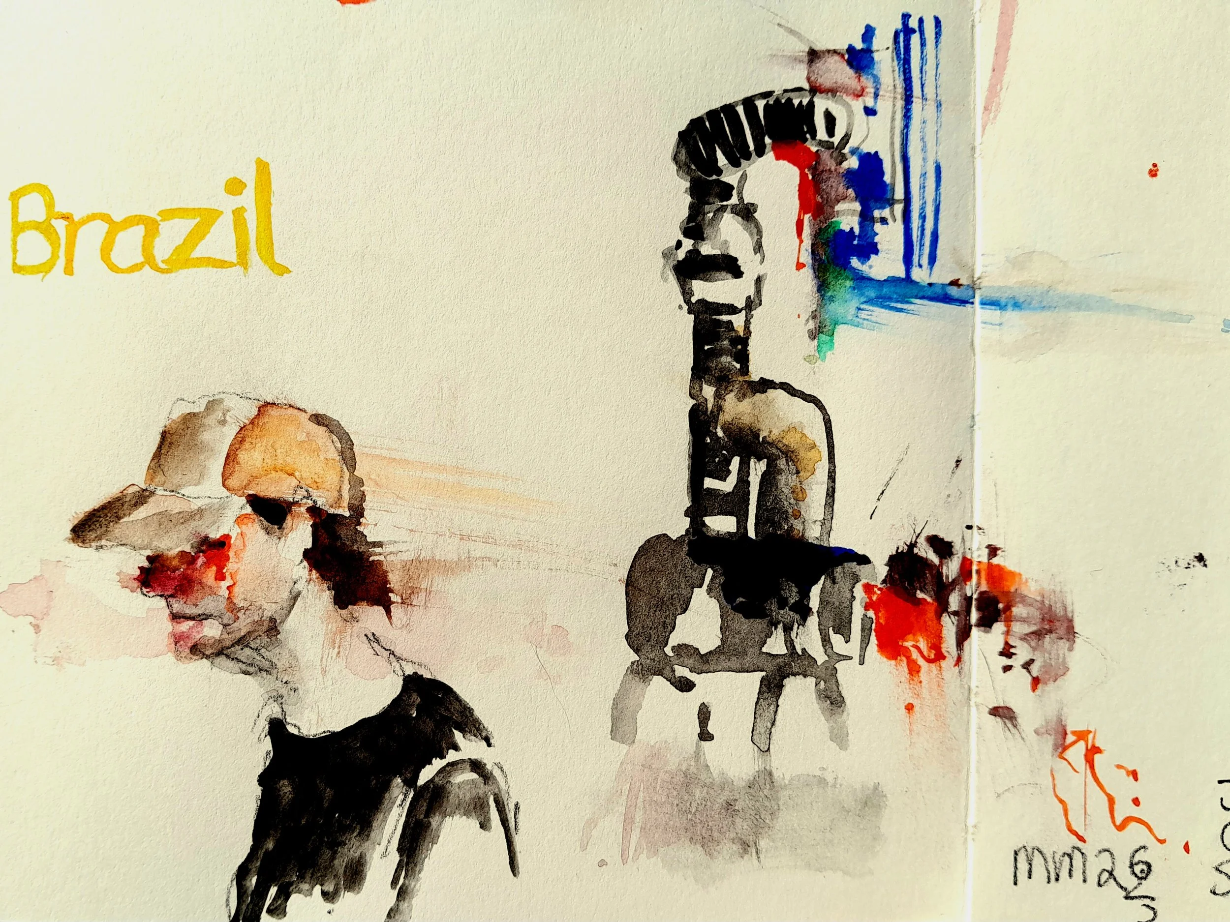Watercolour painting featuring the word 'brasil' in yellow on the left, a coffee grain machine in the centre, and an abstract colourful background with blue, red, and green elements.