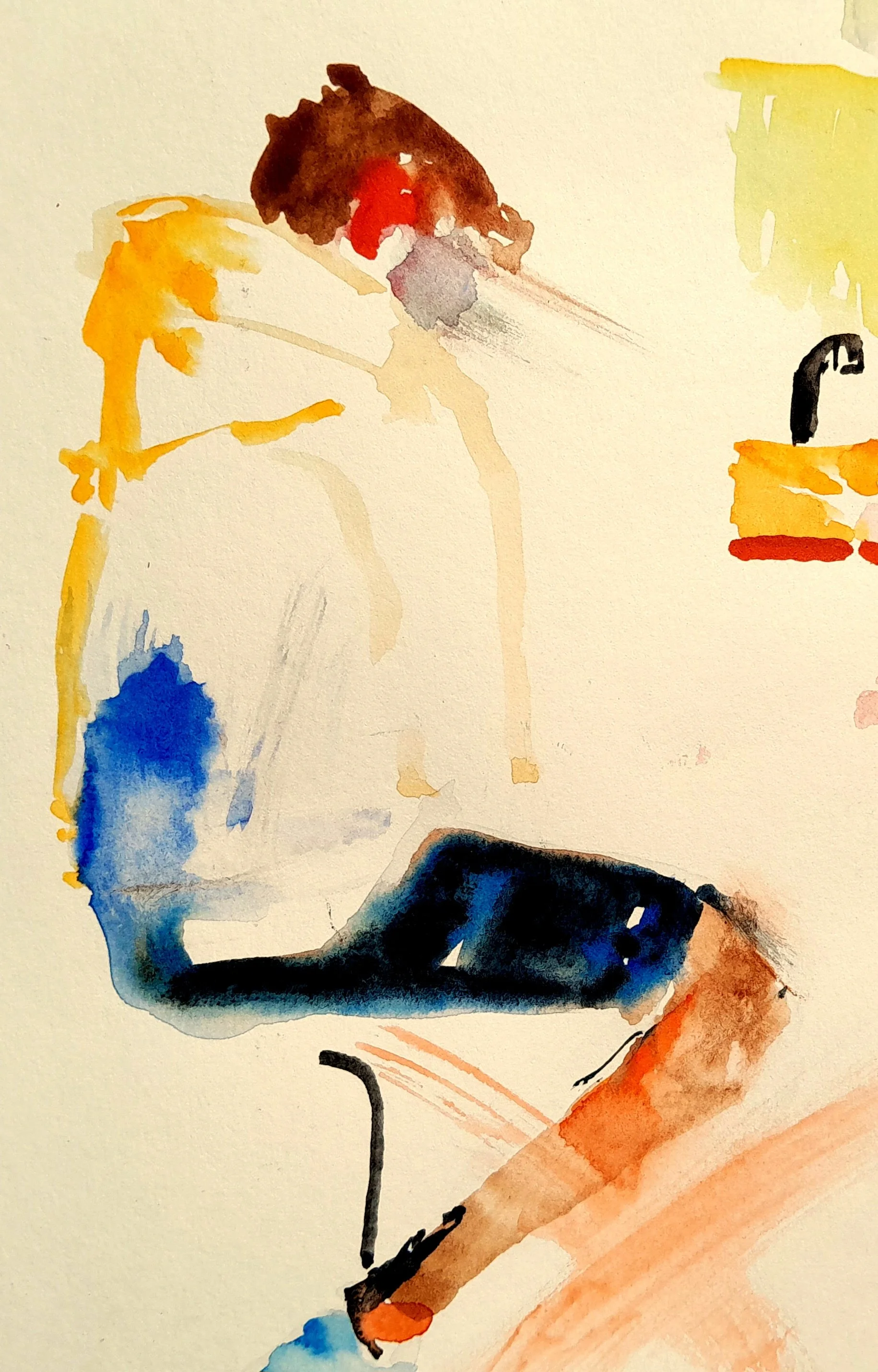 Energetic watercolour painting of a young man sat on a tall stool with blue, yellow, brown, black, and orange patches.