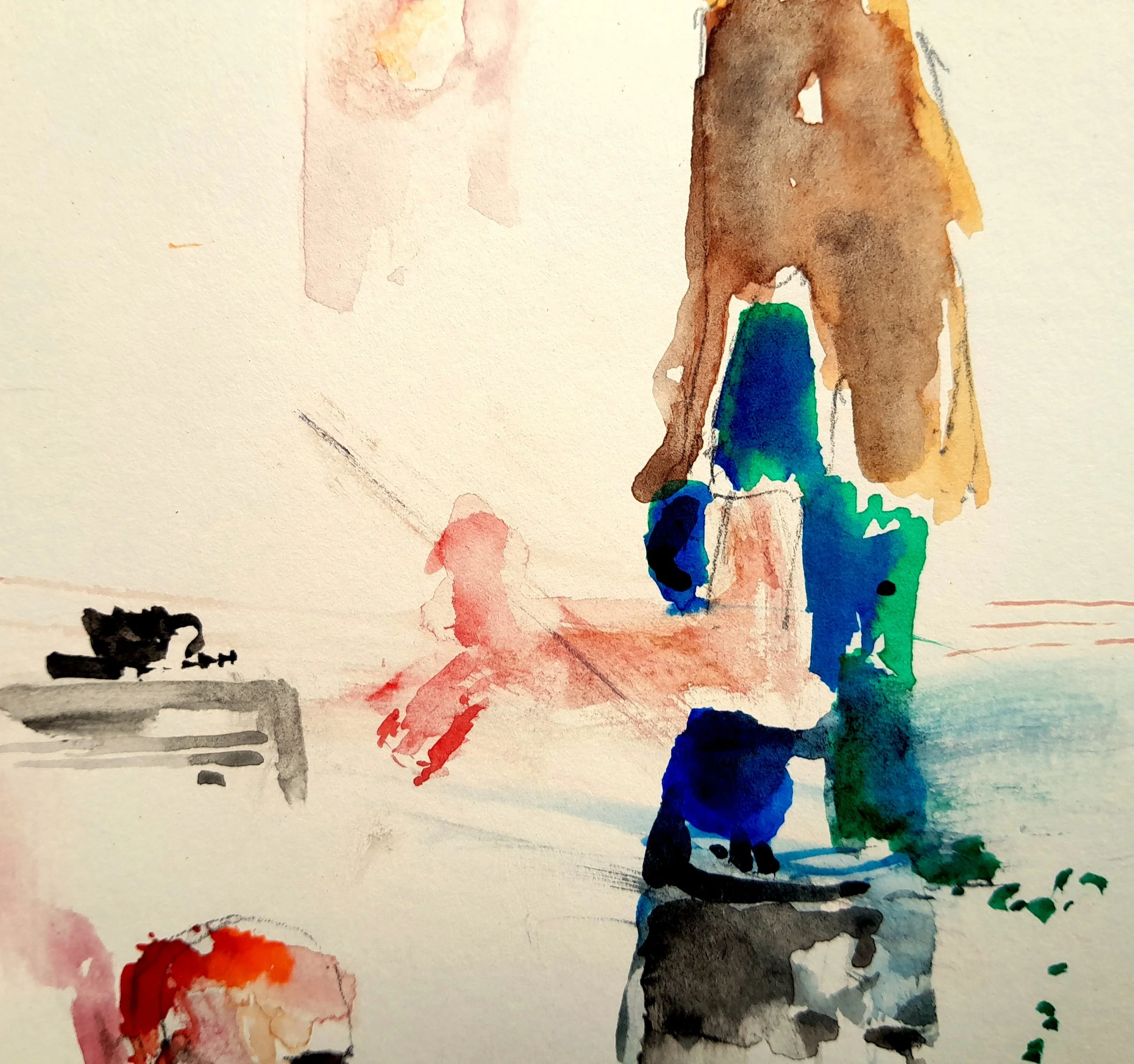 Abstract/representational watercolour painting of a waitress in The Cats PJs, Shrewsbury with description of hand movement and positions and with splashes of red, black, brown, blue, green, and hints of pink on paper.