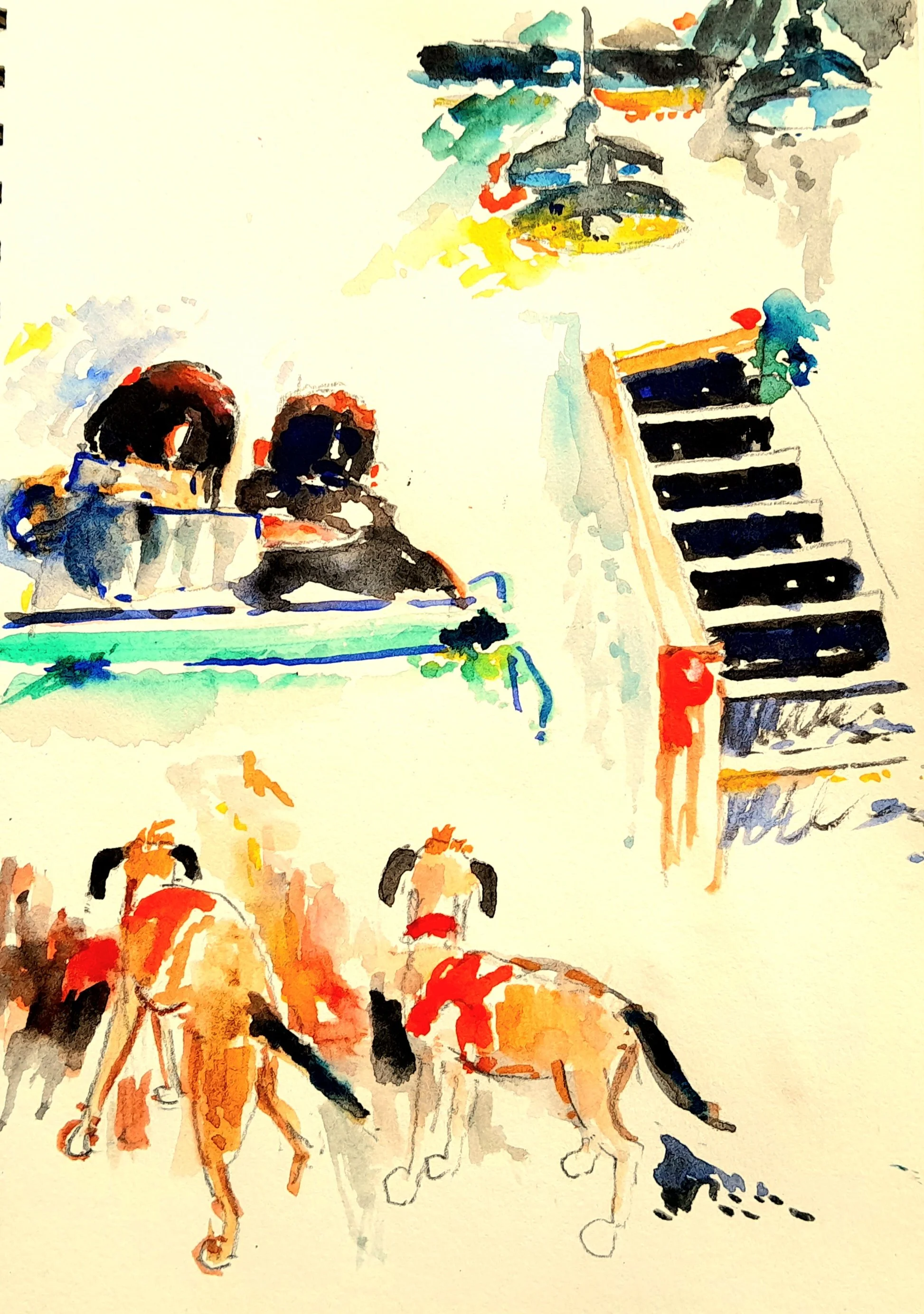 A watercolor painting of dogs on a city sidewalk with buildings and stairs in the background.