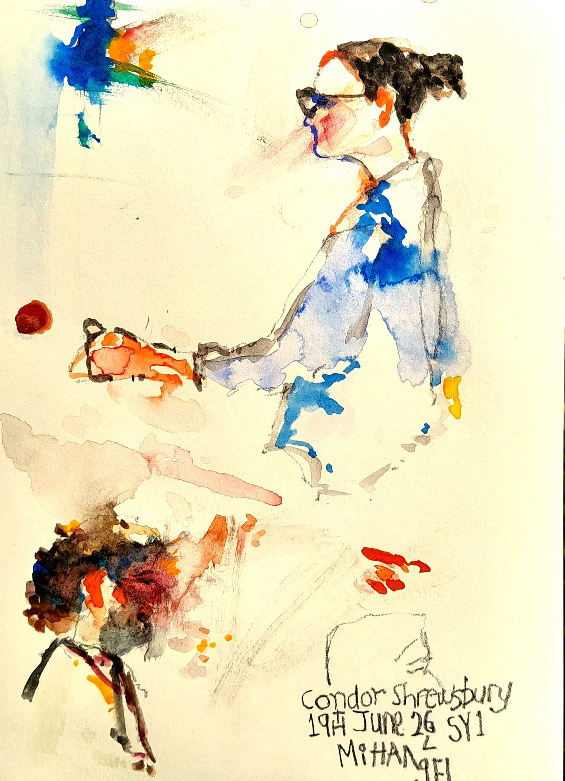 Watercolour painting of a young woman relaxing, wearing glasses, with colourful splashes of paint around them. There is handwritten text at the bottom mentioning Condor Shrewsbury, 19th June 26, SY1, Mihangel. Also featuring Jim.