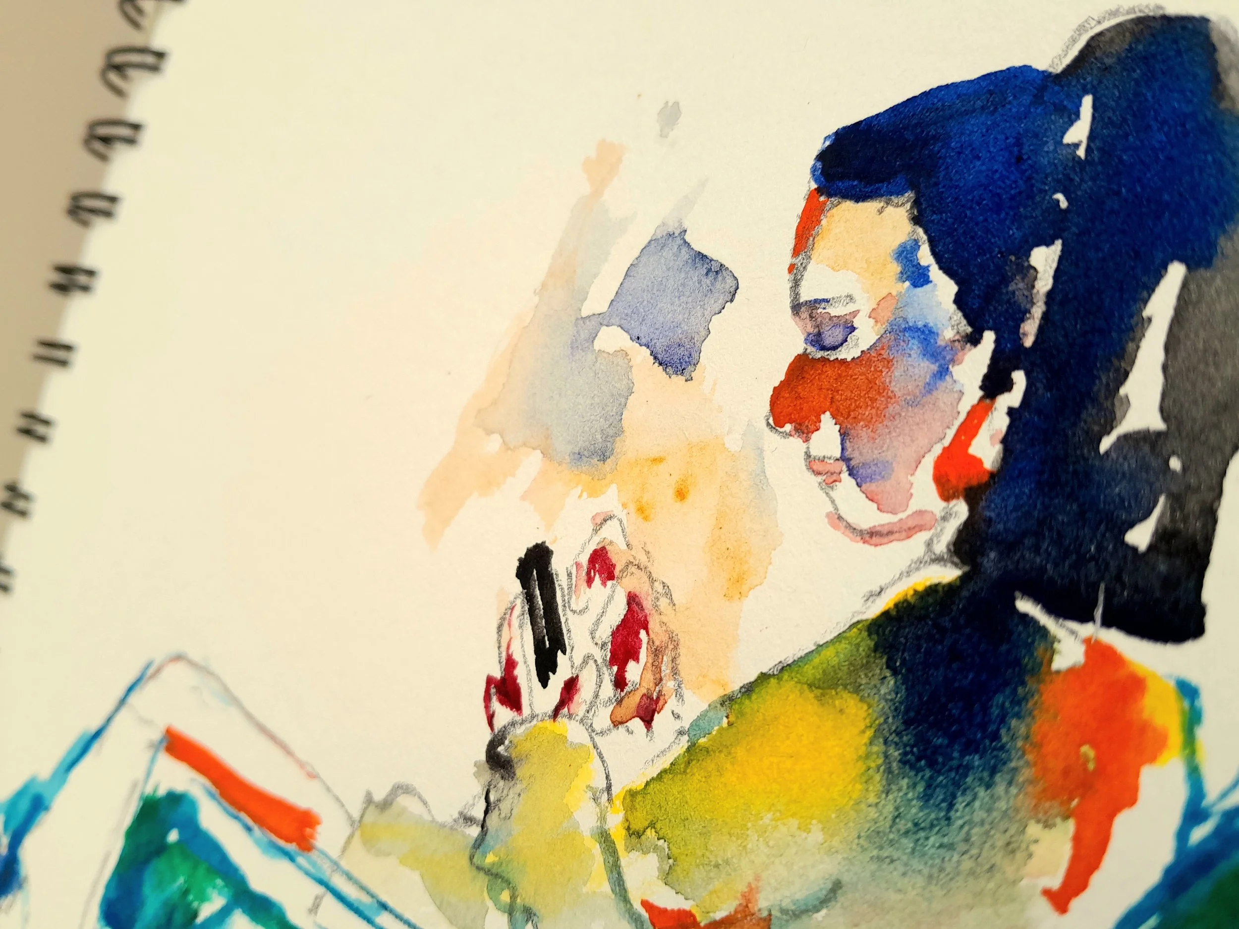 A watercolour painting of a woman with dark hair, holding a smartphone, wearing a yellow shirt with red, blue, and black details, against a mostly white background.