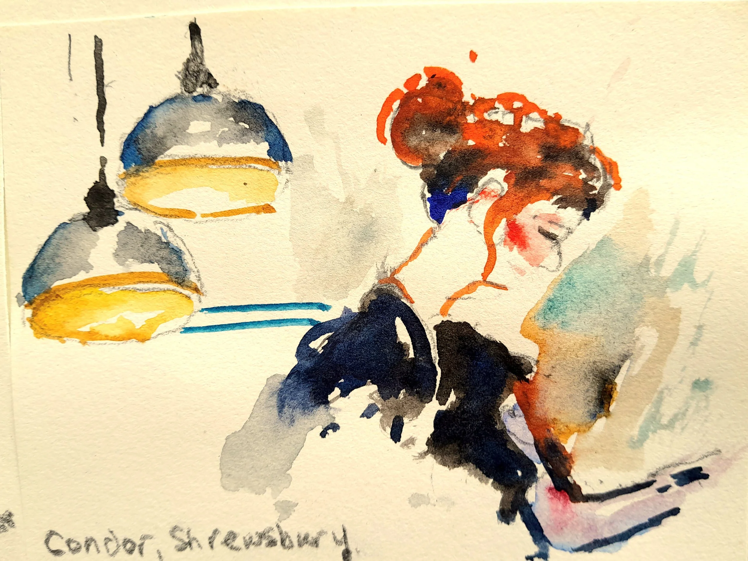 A watercolour painting of a woman with red hair scrolling on a laptop, with two hanging lamps in the background.