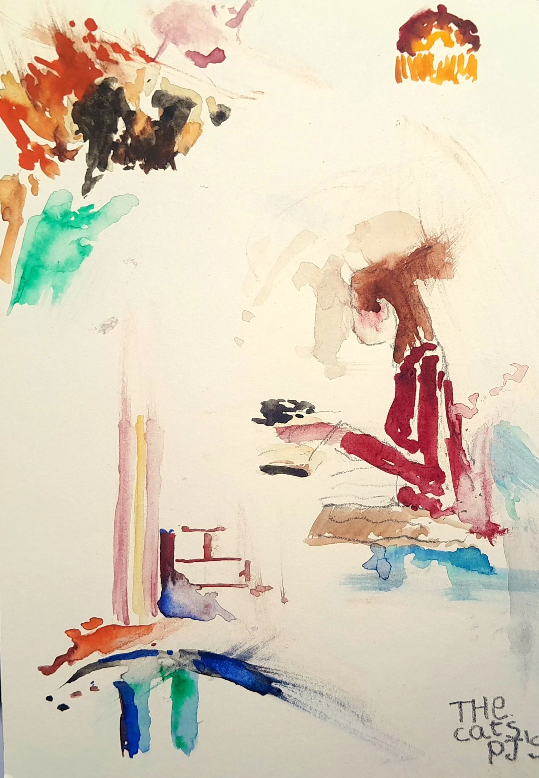 A colourful, abstract  representational watercolour painting depicting various objects including a person, a chair top, a dog, a light, a conceptual gap in a door with the partially visible text 'The cats, pjs' in the bottom right corner.