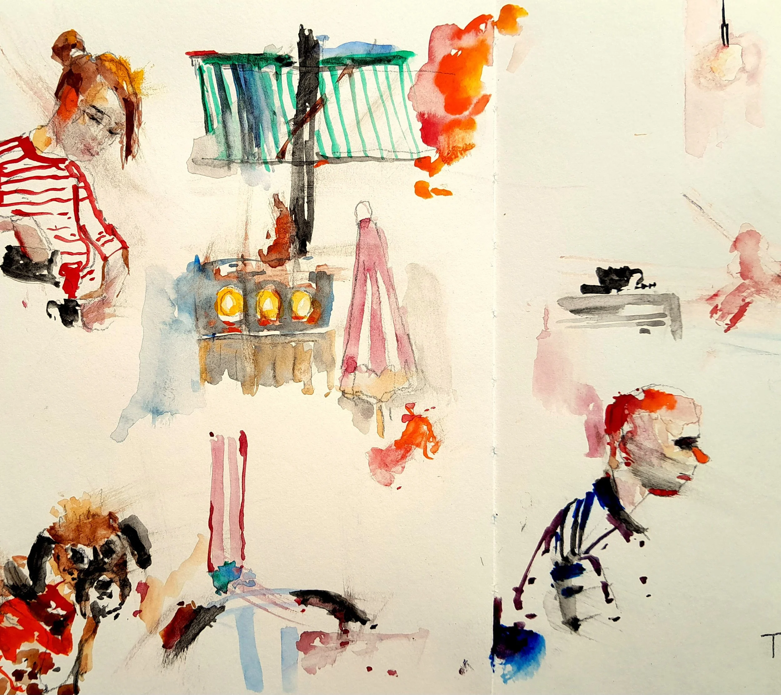 A watercolour painting of various people in a cafe scene, with figures dressed in striped clothing, a dog, outside views with lights, in bright, lively colours.