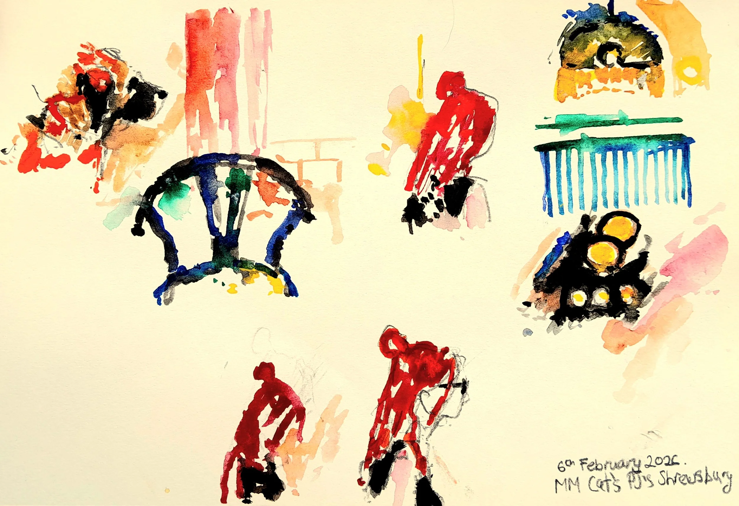 Watercolor sketch of people in a city scene with a park bench, traffic lights, and buildings in the background, with a handwritten note indicating it was created on February 6th, 2012, in Shrewsbury by MM Cats DJs.