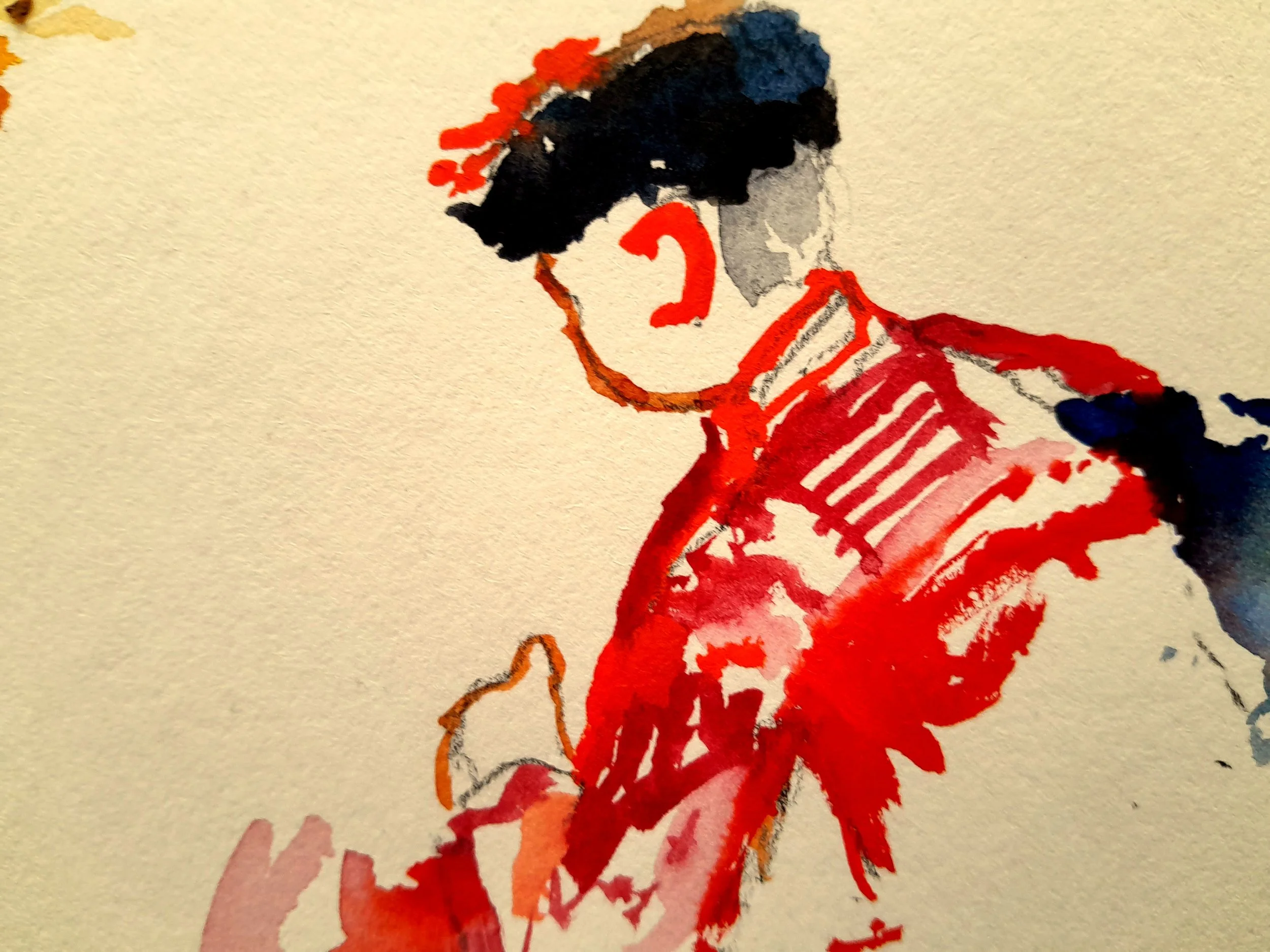 Watercolor painting of a woman with short dark hair wearing a red jacket with white and red stripes, looking down.