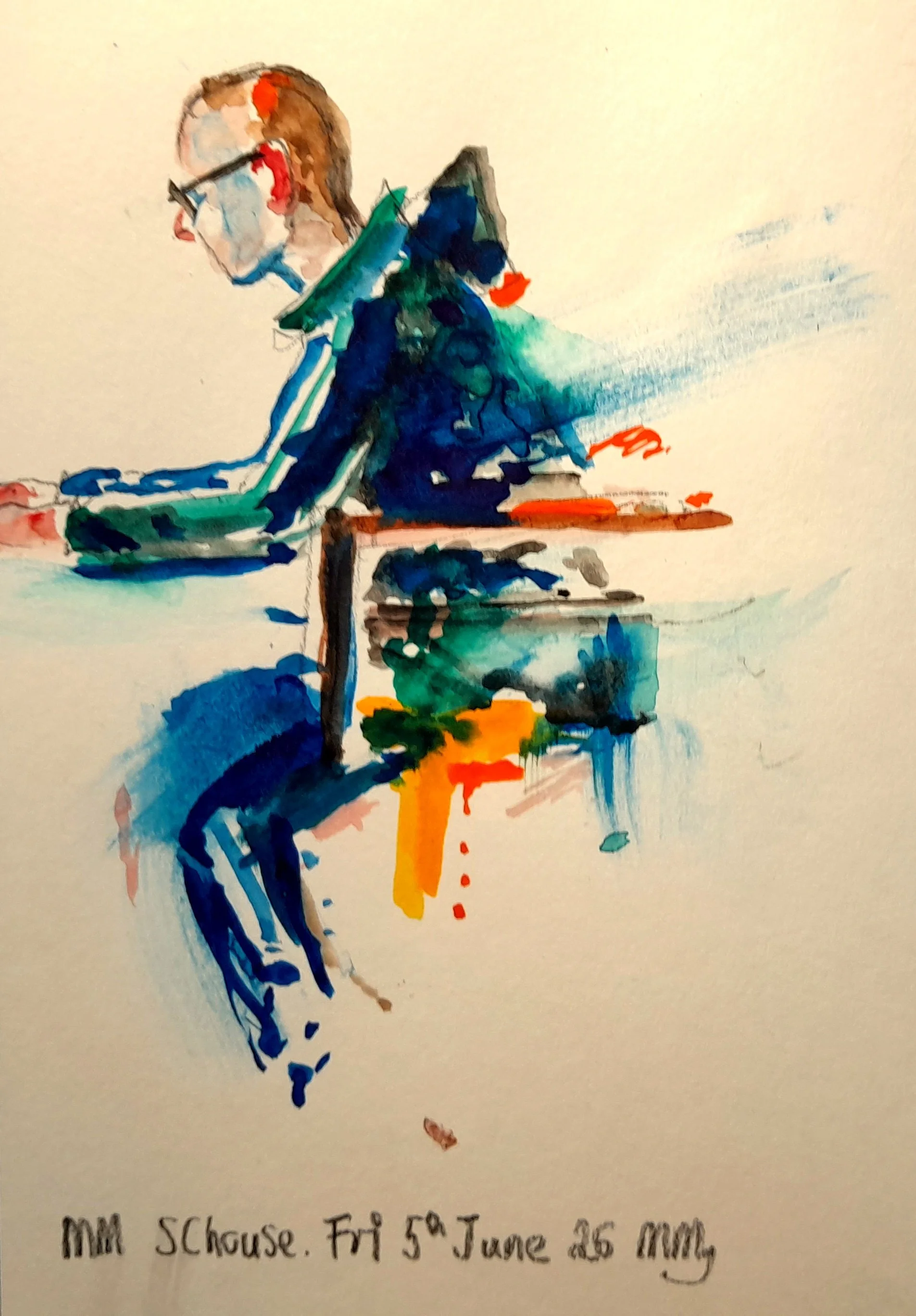 A colourful watercolour painting of a person sitting, with the date "Friday, June 25, 2026" written below. This painting was made in a coffeehouse in Shrewsbury after a day buzzing in Manchester.