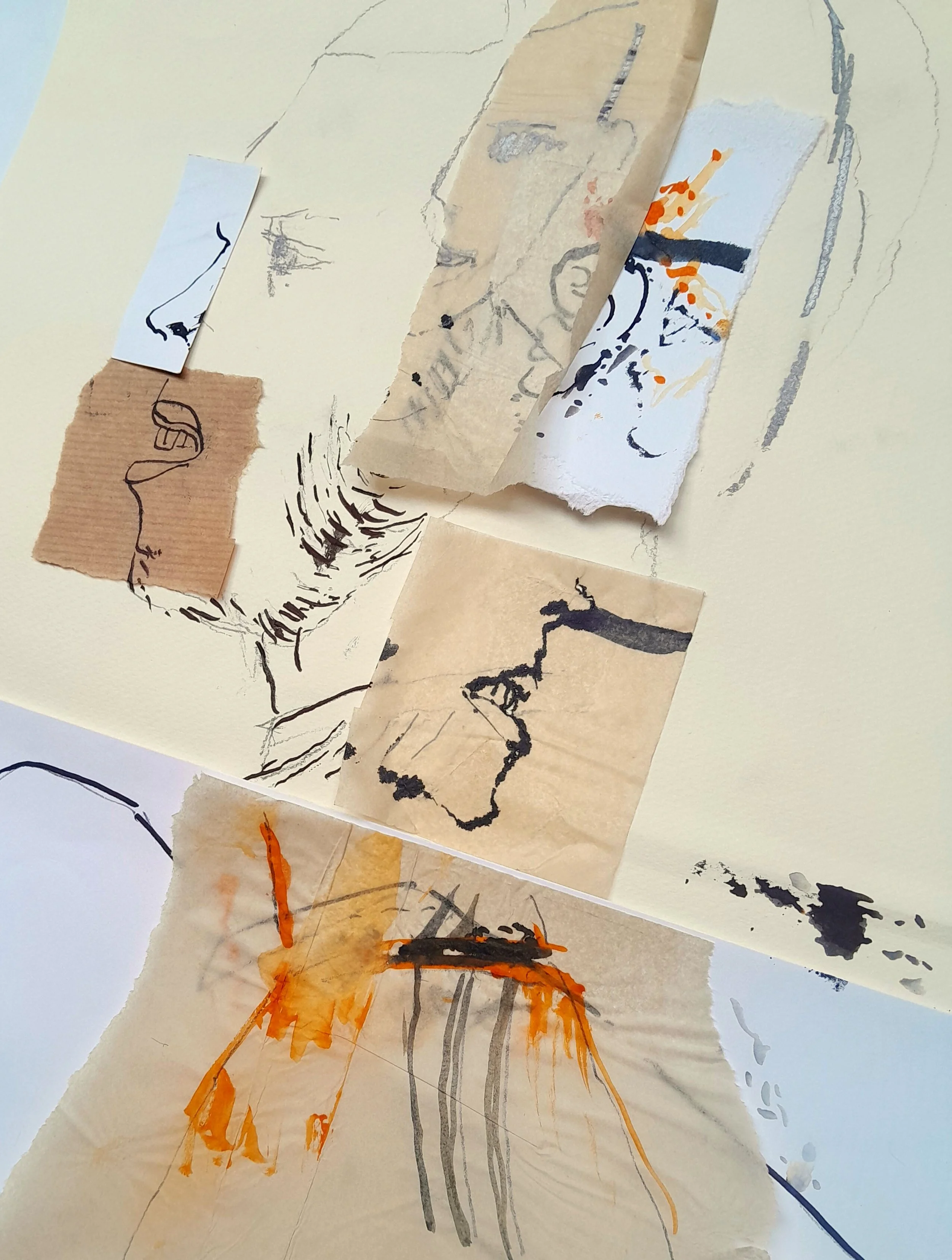 Paper, ink, paint collage of a head
