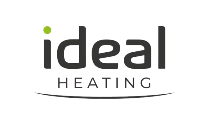 Logo for 'Ideal Heating' featuring stylized text in black, gray, and green, with a curved line beneath.