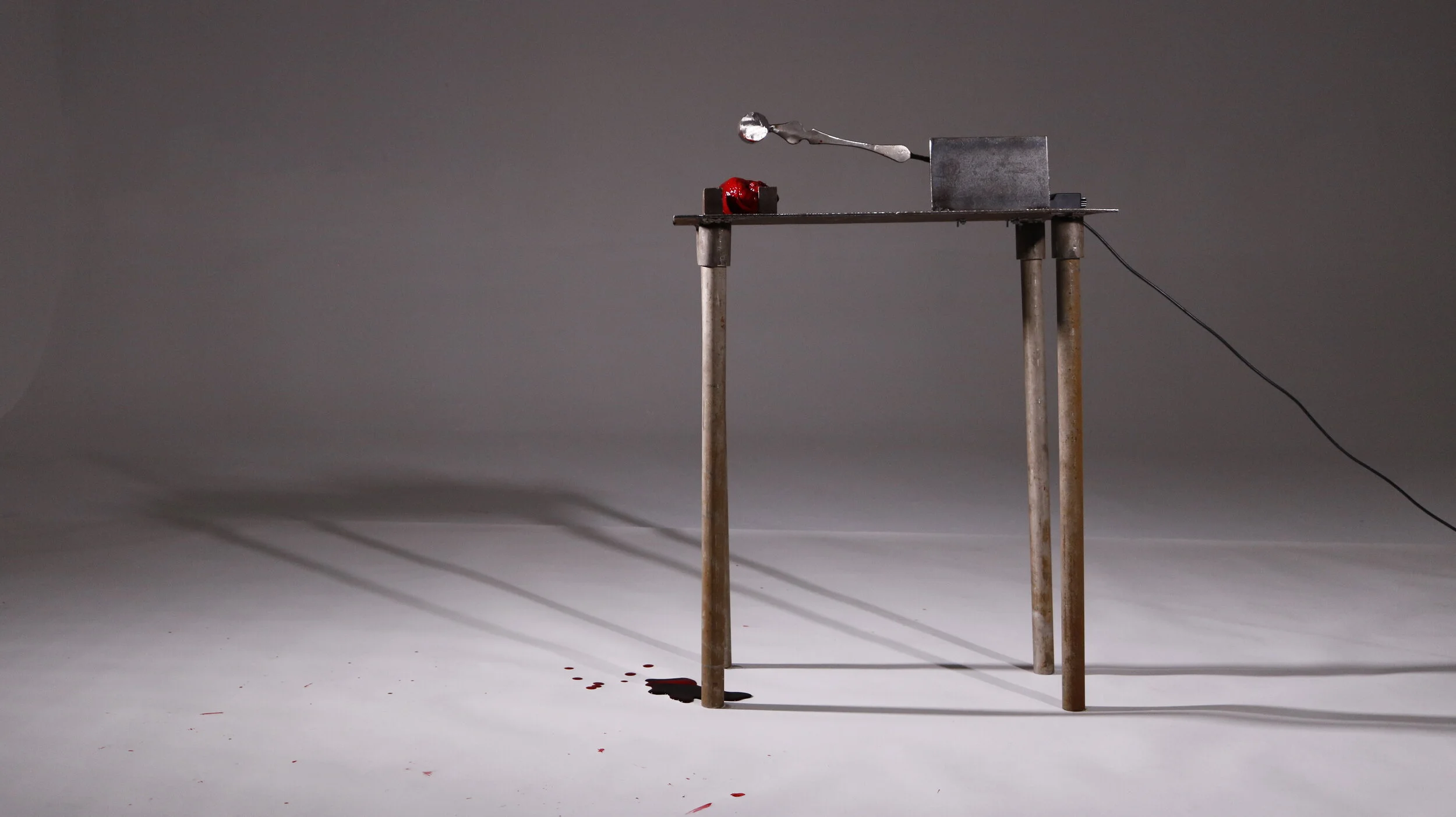 An empty room, a squared platform made of steel and a pig’s heart lying in the middle. On the platform, there is a long pole, with a heavy object connected to the end of it. It rises gradually and falls rapidly, hitting the pig’s heart repeatedly. Gr