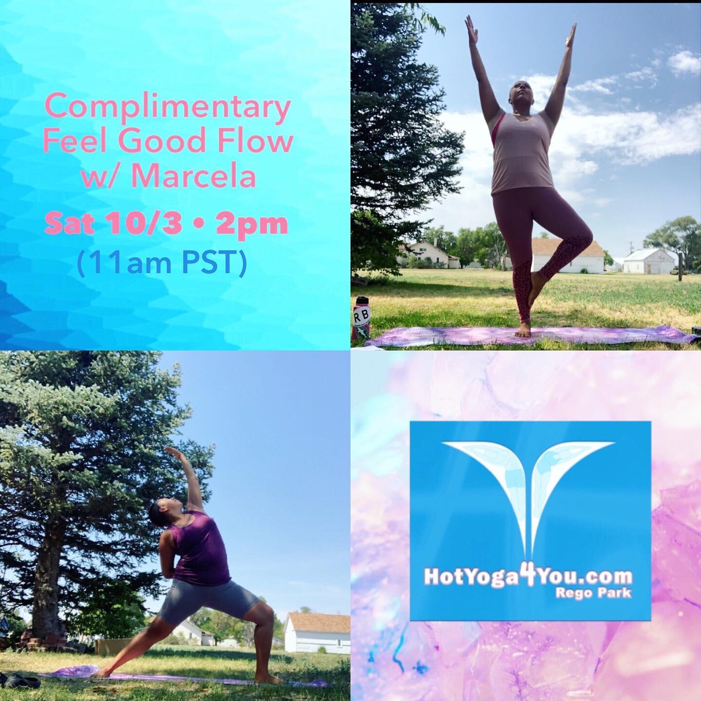 Reminder:
Marcela will be leading us through a complimentary #zoom class:

*Feel Good Flow w/ Marcela*
THIS Sat 10/3 2pm EST  11am PST

Let's breathe and flow through 75 mins of jammin' tunes that will have you dancing from start to finish, toe to no