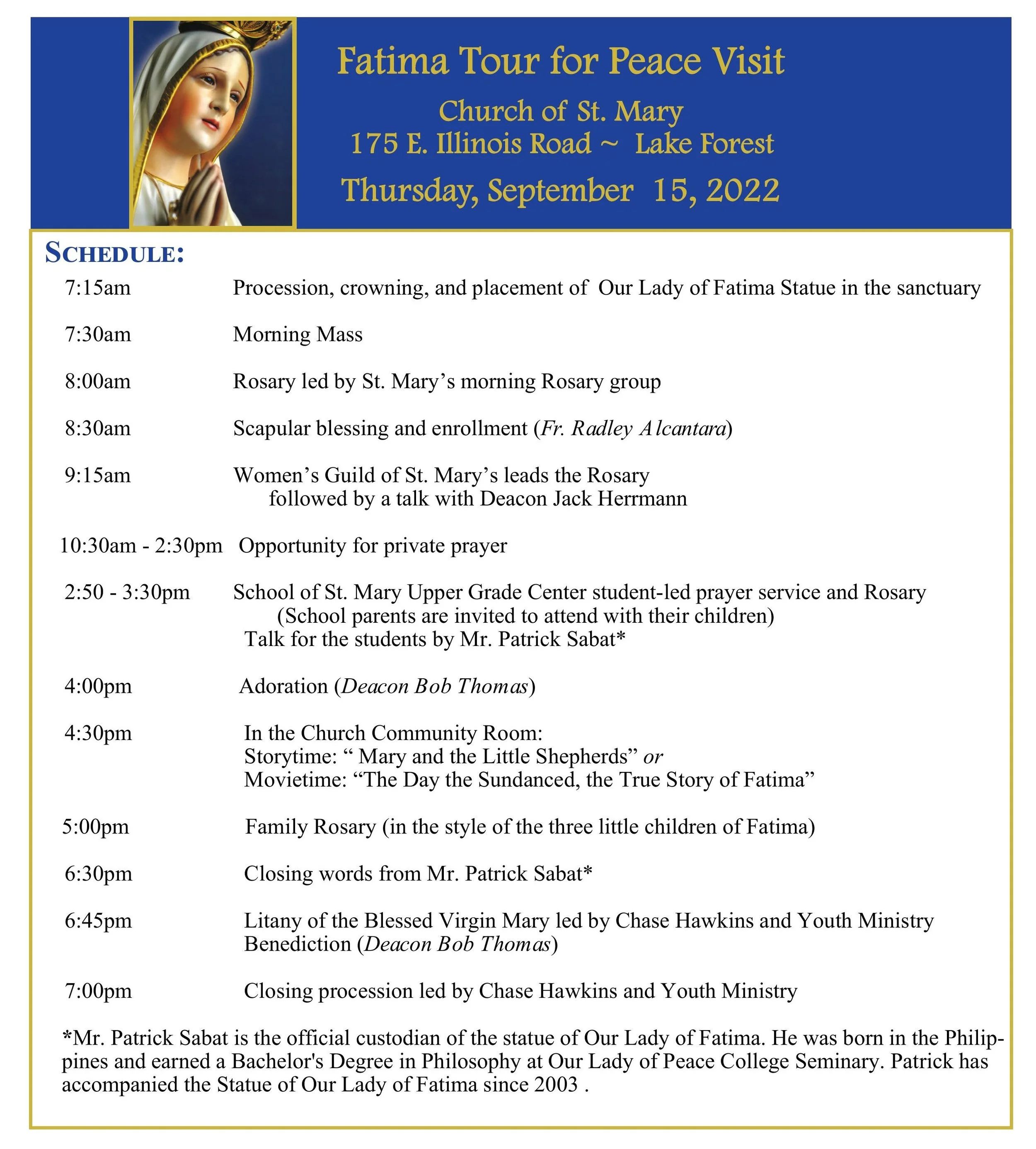 International Pilgrim Virgin Statue of Our Lady of Fatima — Church of