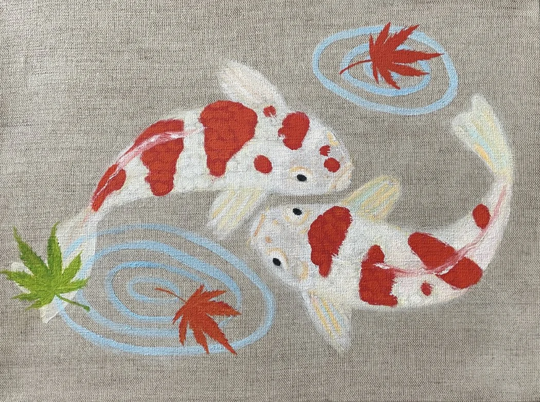 Koi with maple leaves, oil on canvas