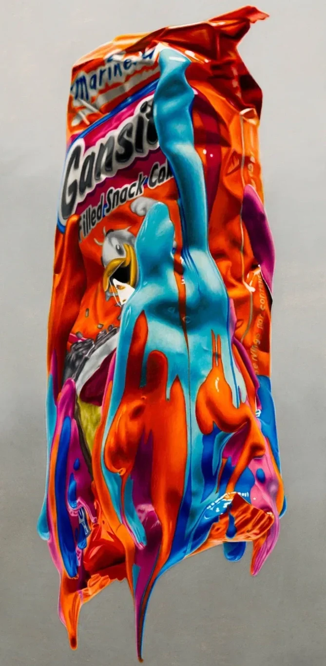 Colored pencil drawing of a Gansito snack wrapper with colorful melting paint drips and reflective textures.