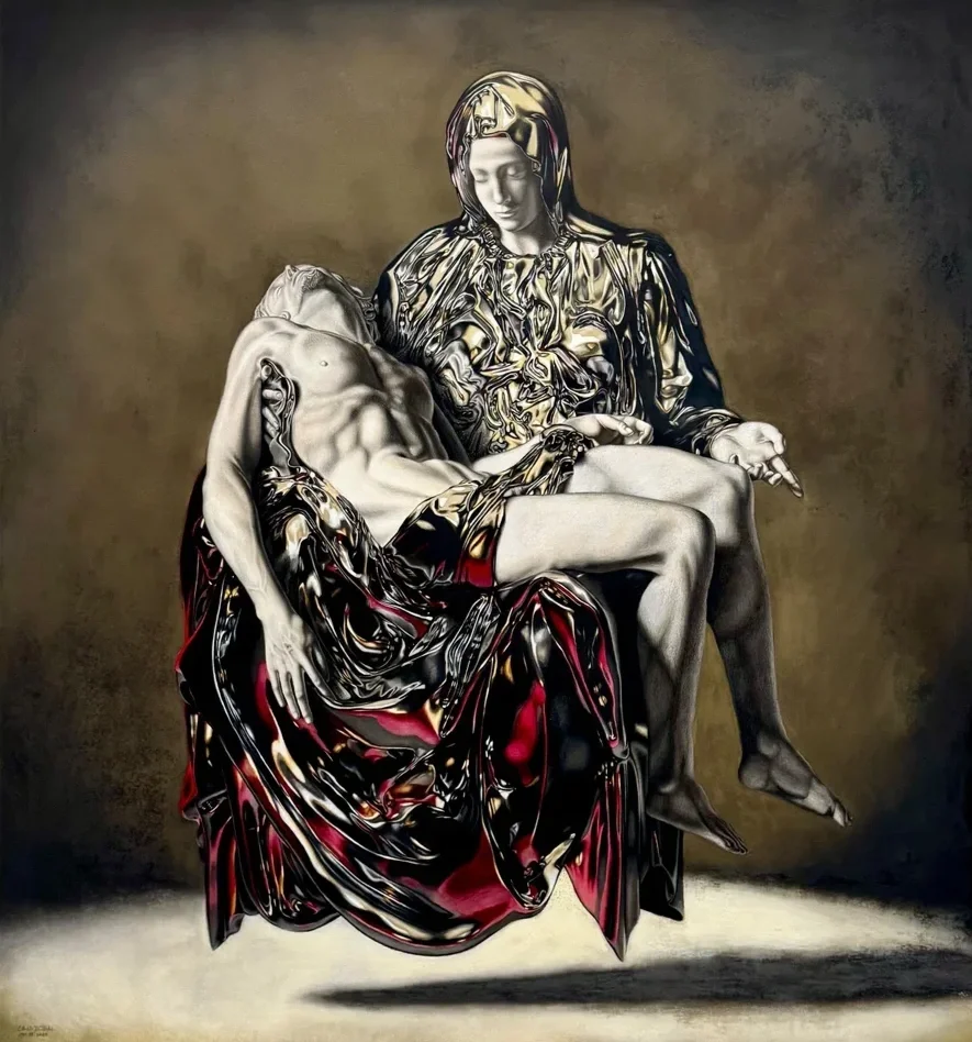 Hyperrealistic colored pencil drawing inspired by Michelangelo's Pieta, blending classical Renaissance sculpture with reflective metallic textures and modern surrealism.