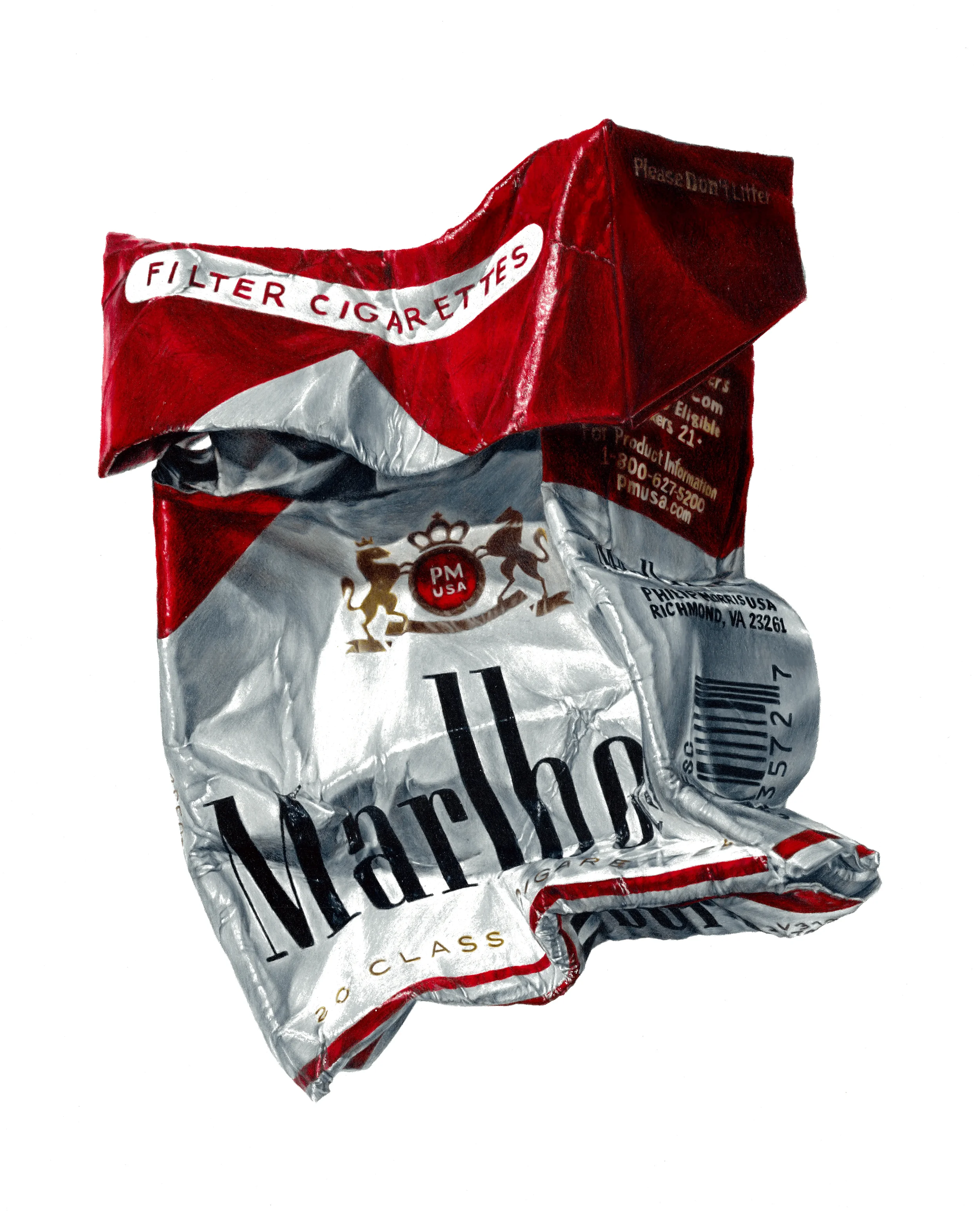 Hyperrealistic colored pencil drawing of a crumpled Marlboro cigarette pack, capturing reflective packaging textures, bold red tones, and contemporary pop-art influences through realism.