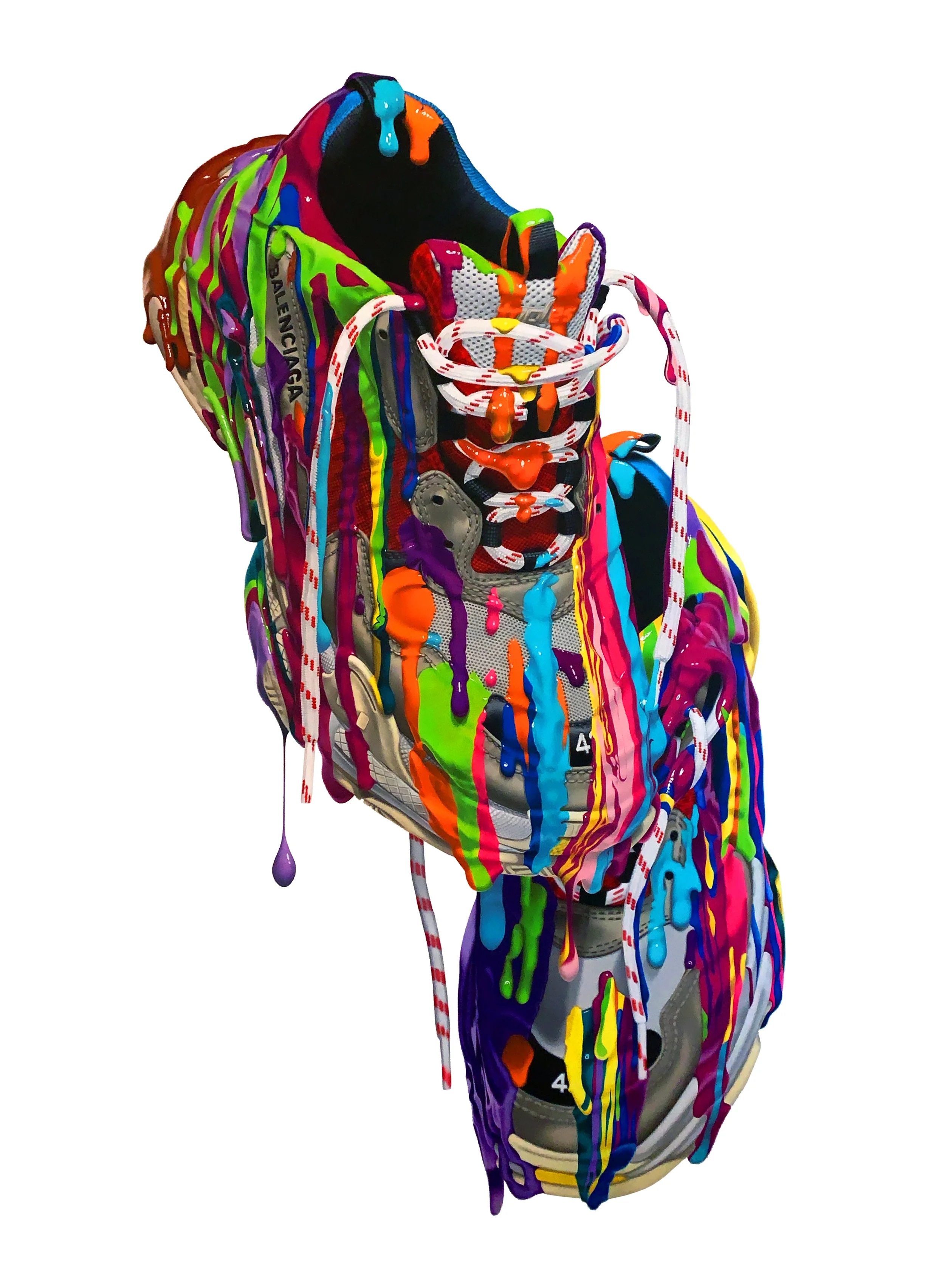 Colored pencil artwork of a sneaker covered in vibrant cascading paint drips, blending streetwear culture, contemporary pop art, and surreal abstraction.